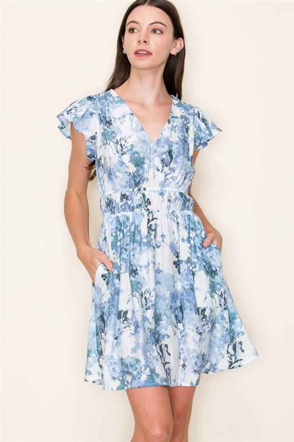 Blue Watercolor Floral Flutter Sleeve Dress