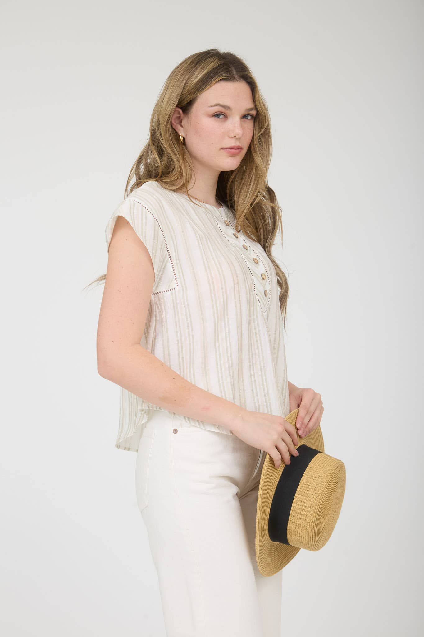 Stripe Wood Button Henley Top