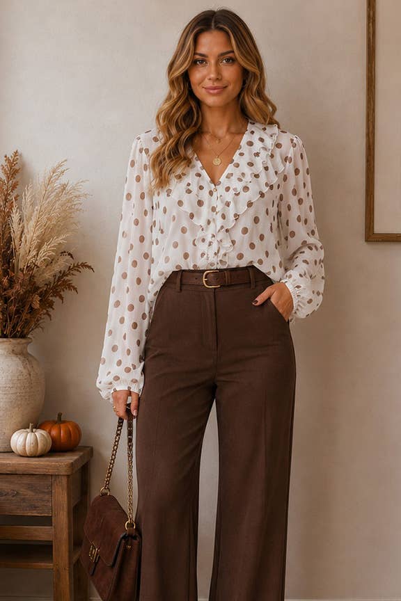 Polka Dot Ruffle Front Blouse