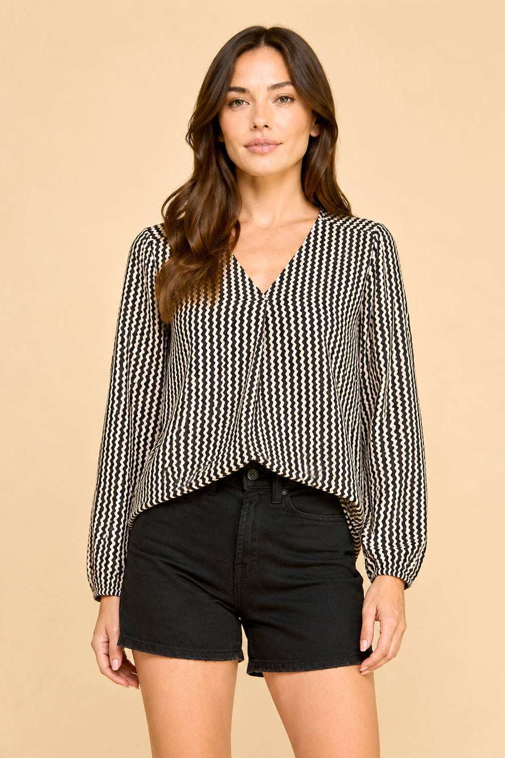 Printed Zigzag Long Sleeve Flowy V-Neck Blouse
