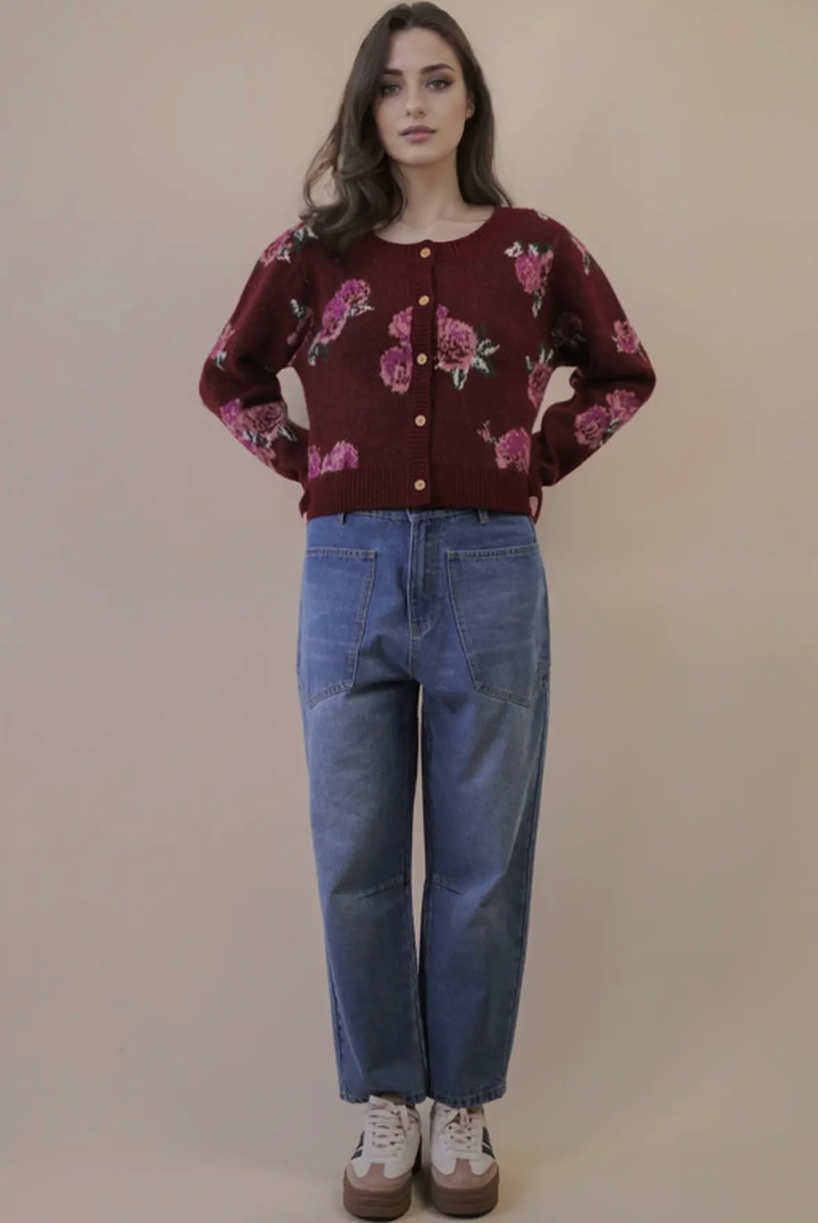 Wine Floral Button Cardigan