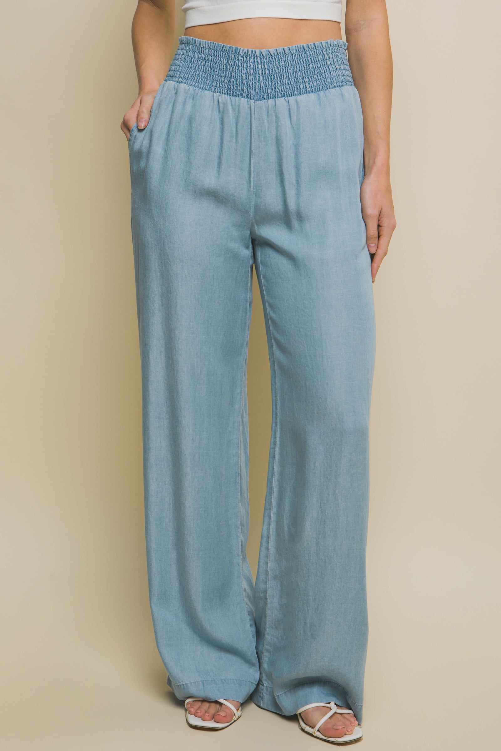 Smocked Waist Tencel Wide Leg Pants