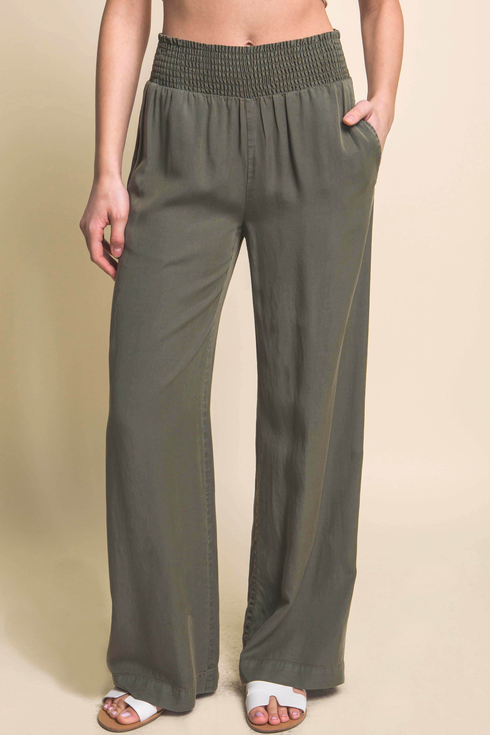 Smocked Waist Tencel Wide Leg Pants