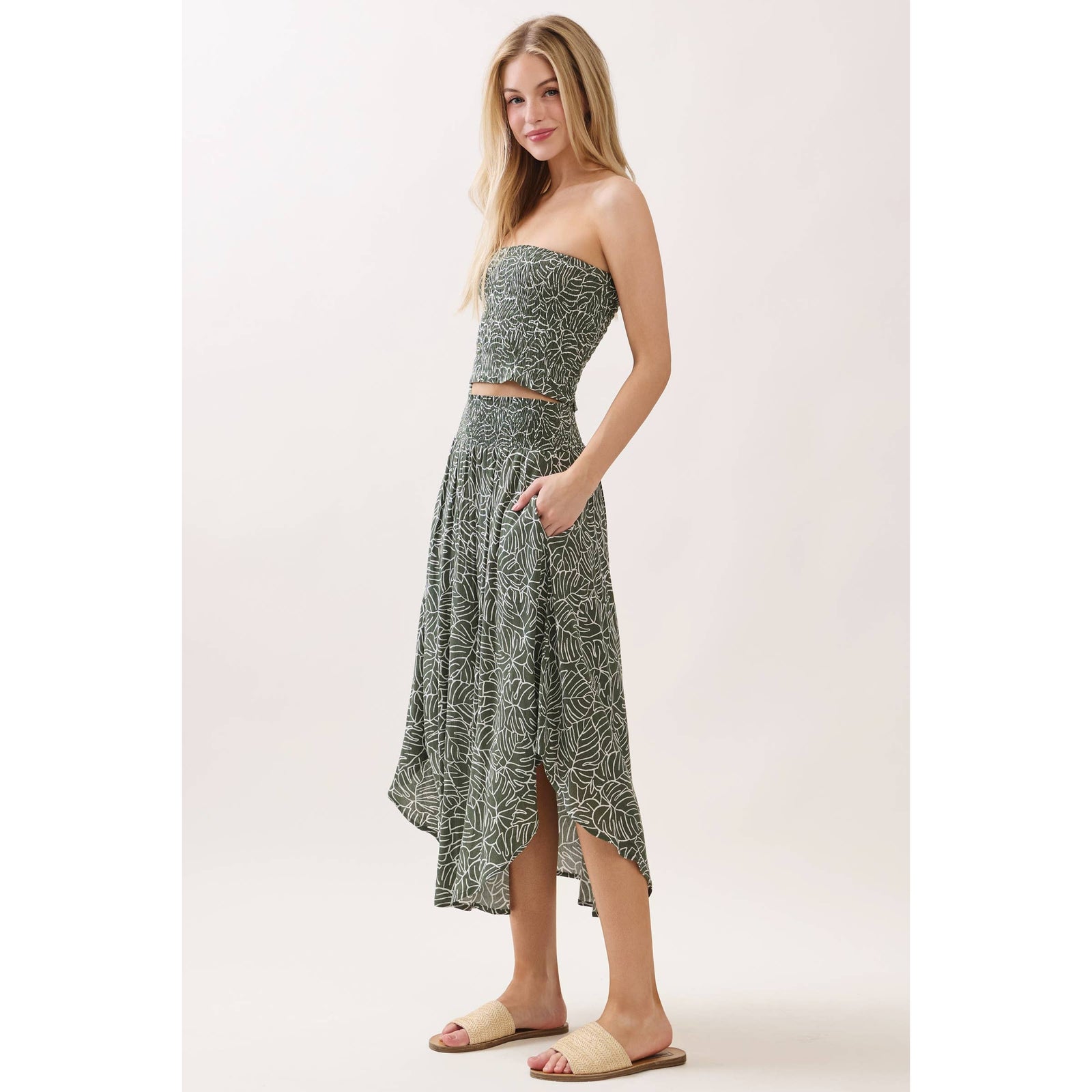 Leaf Smocked Waist Maxi Skirt