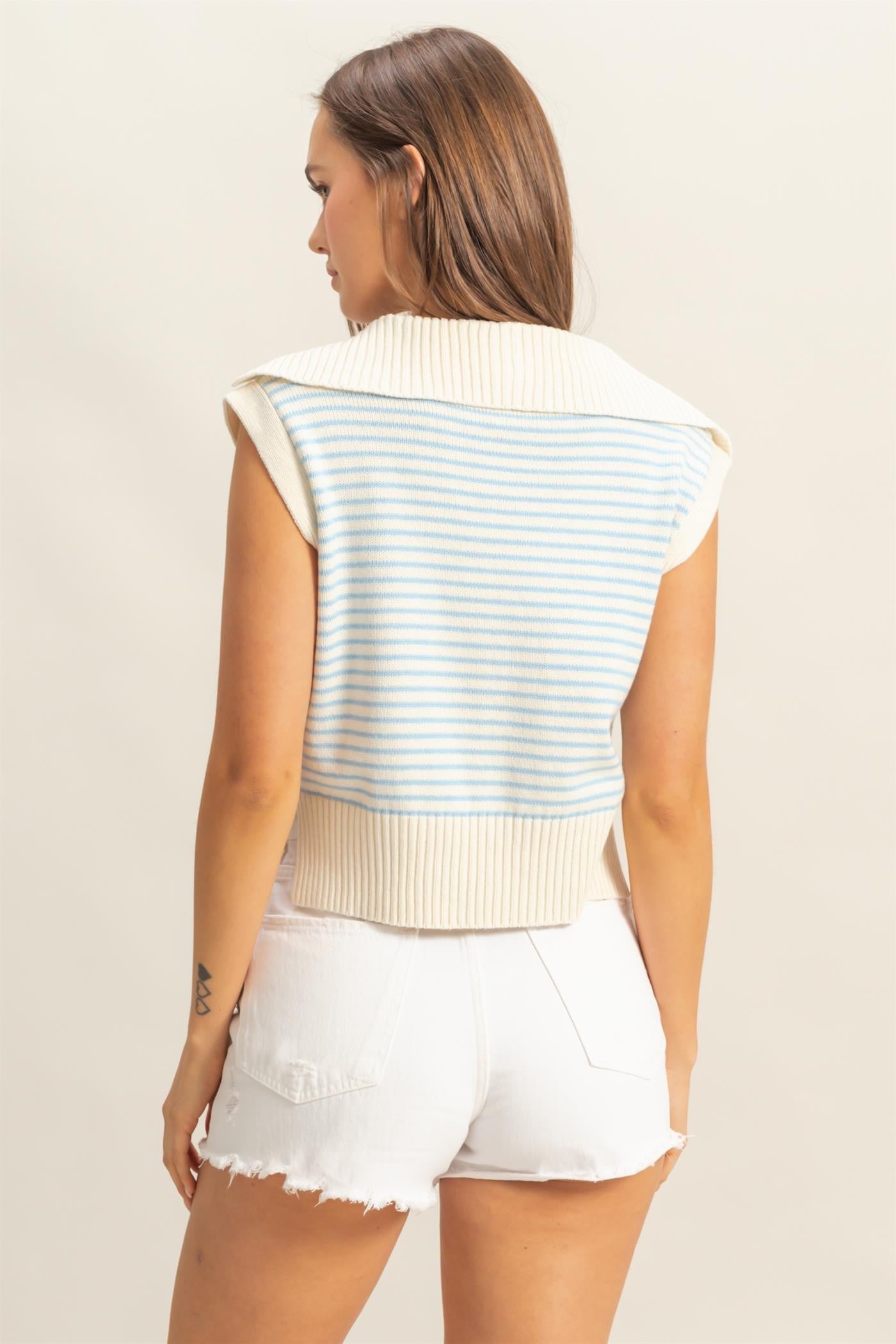 Baby Blue Stripe Knit Collared Top