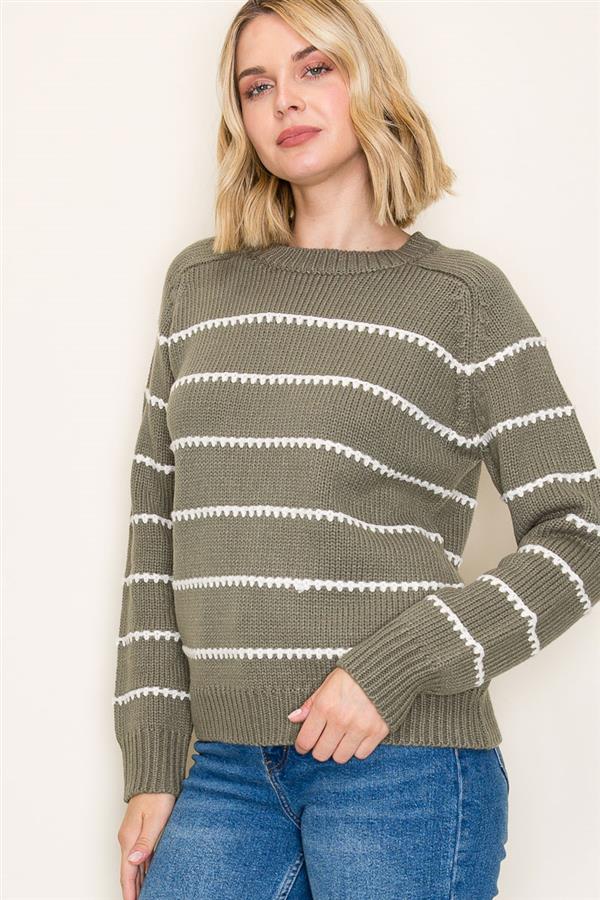 Olive Blanket Stitch Stripe Sweater