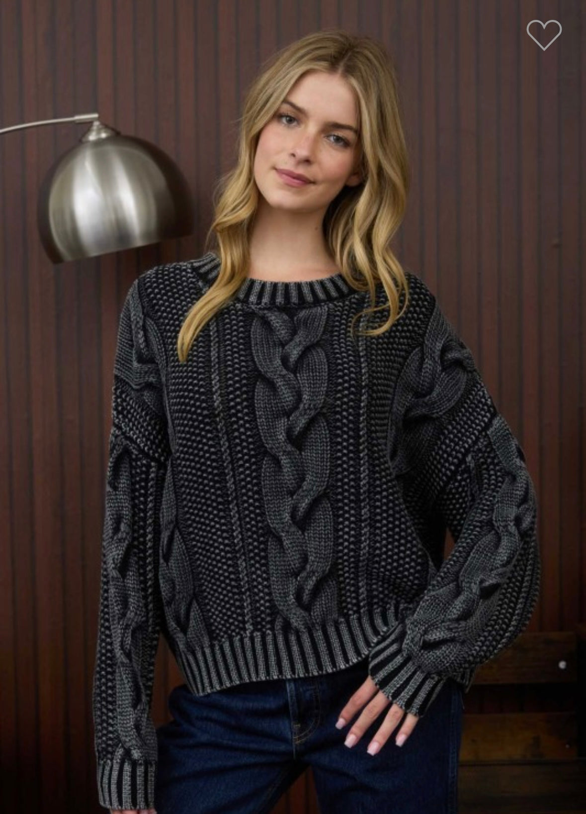 Black Stone Wash Cable Knit Sweater