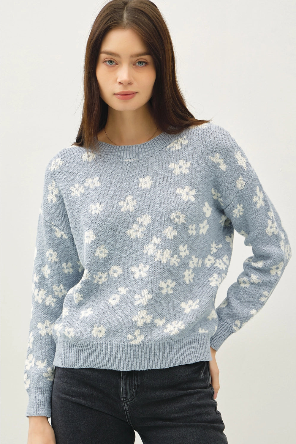 Blue Floral Knit Sweater