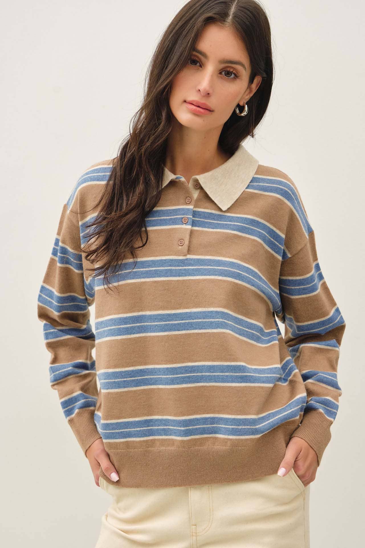 Wool Blend Henley Stripe Sweater