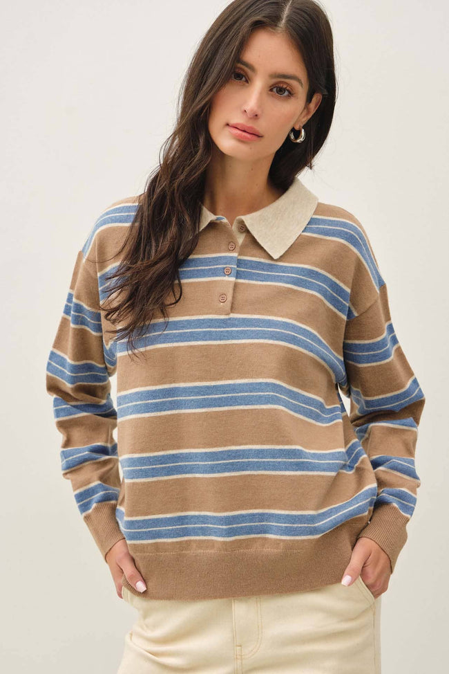 Wool Blend Henley Stripe Sweater