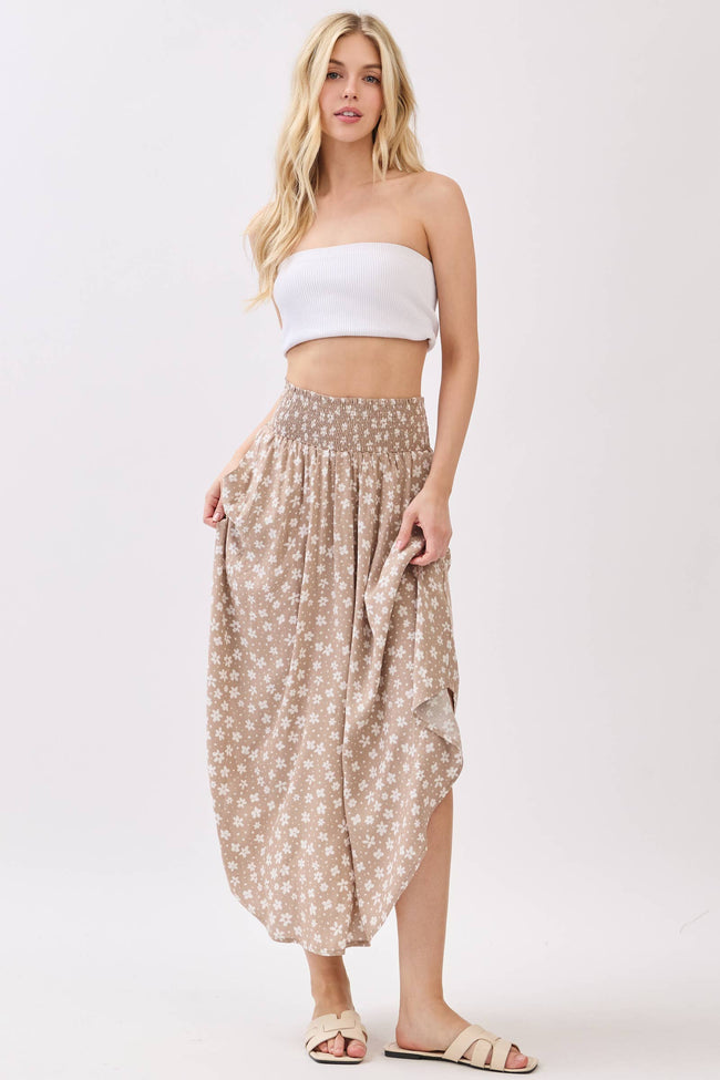 Natural Floral Smocked Waist Maxi Skirt