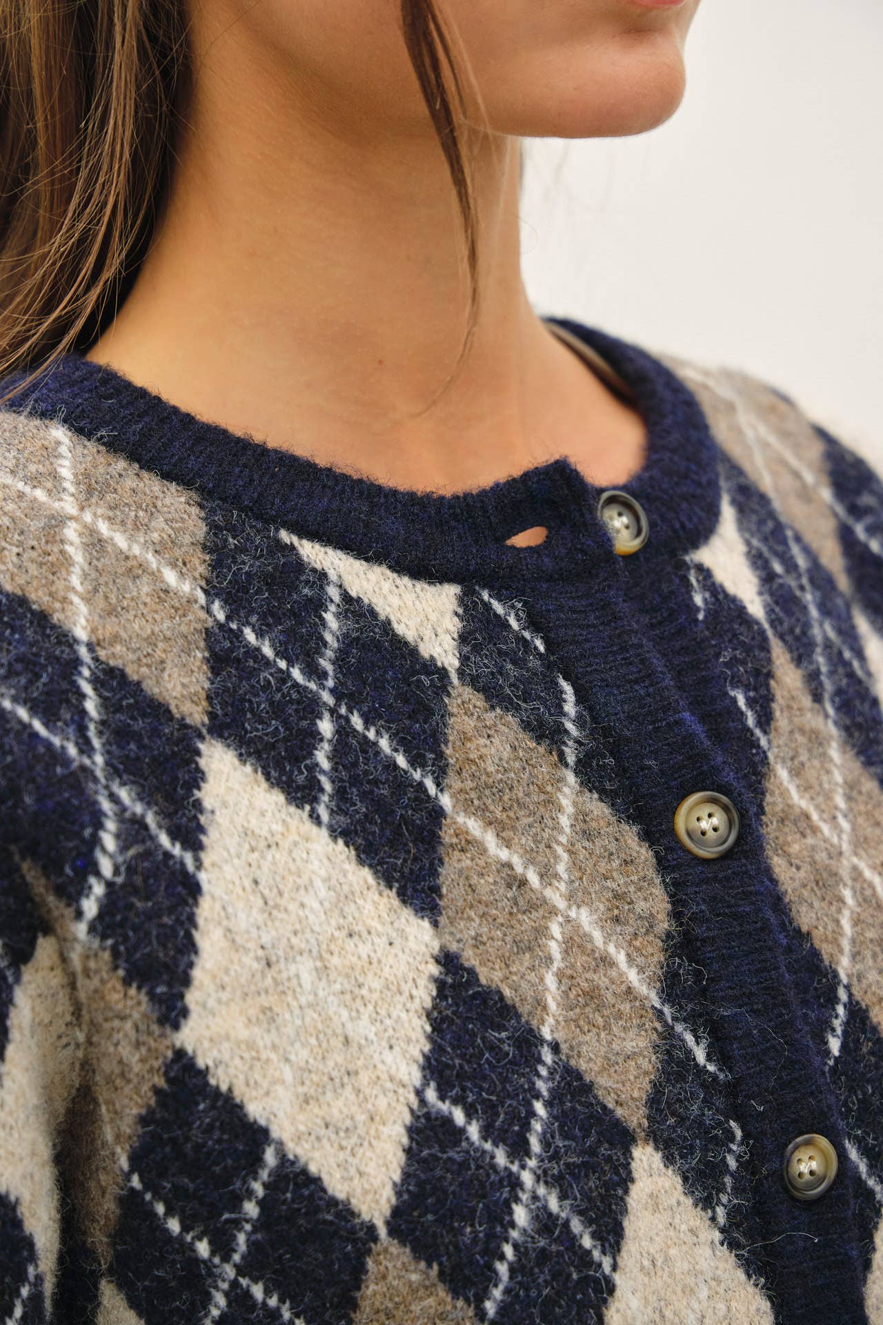 Argyle Wool Blend Button Cardigan