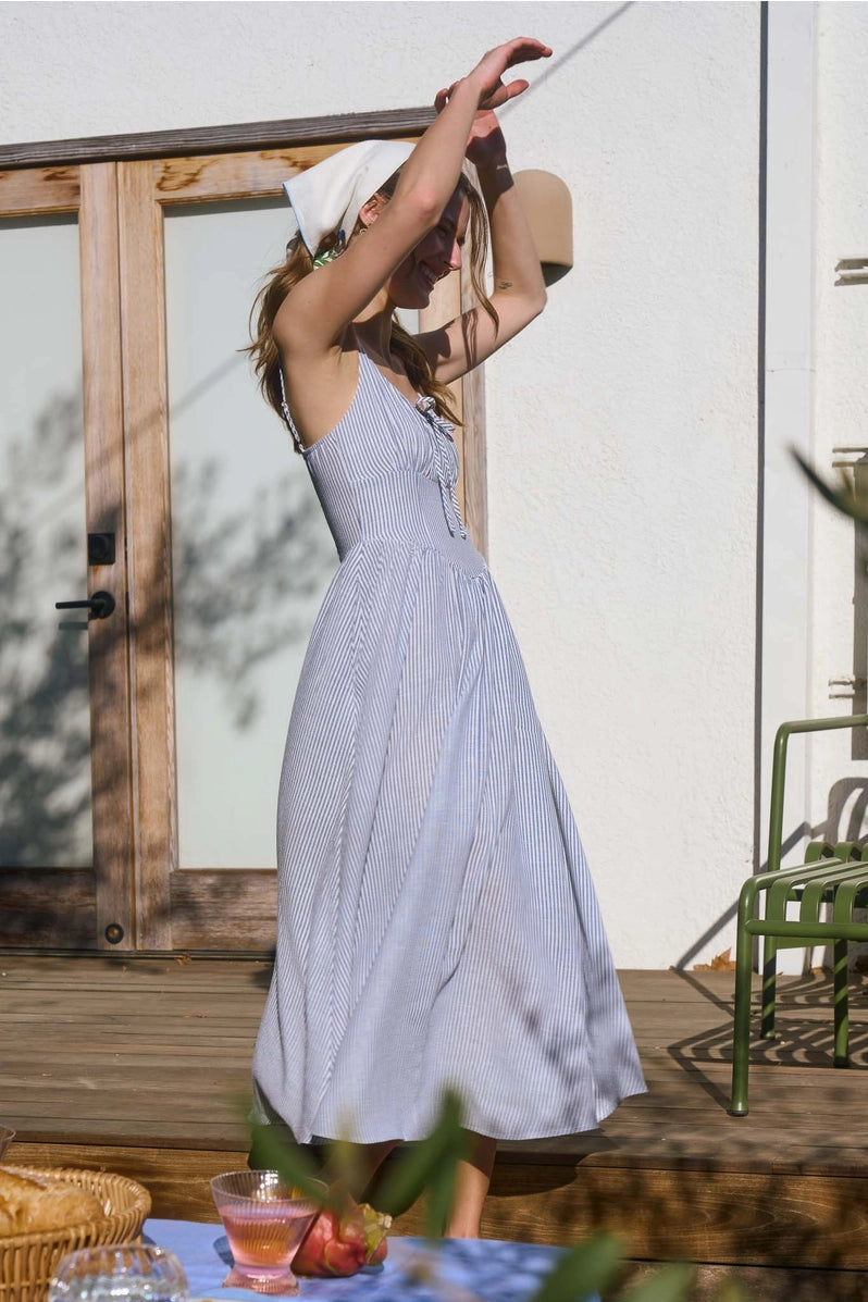 Navy Stripe Corset Midi Dress