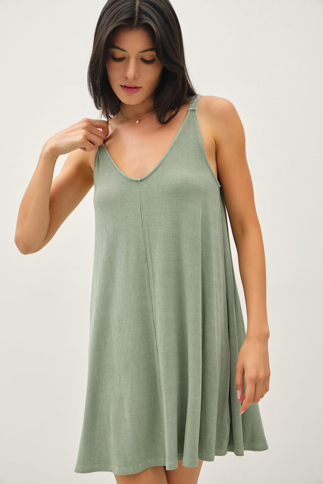 Olive Stone Wash Ribbed Sundress
