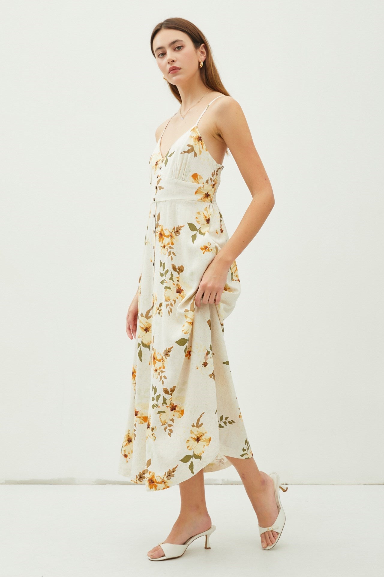 Linen Hibiscus Floral Maxi Dress