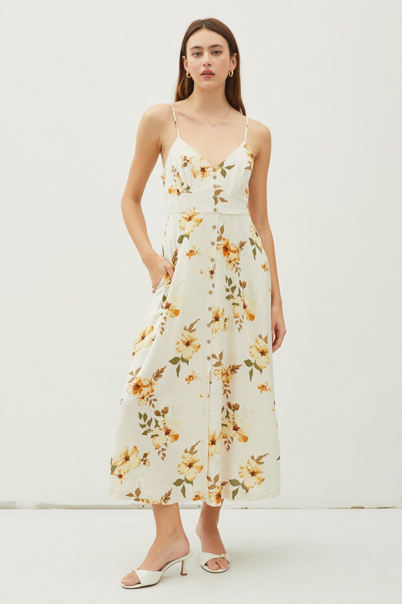 Linen Hibiscus Floral Maxi Dress