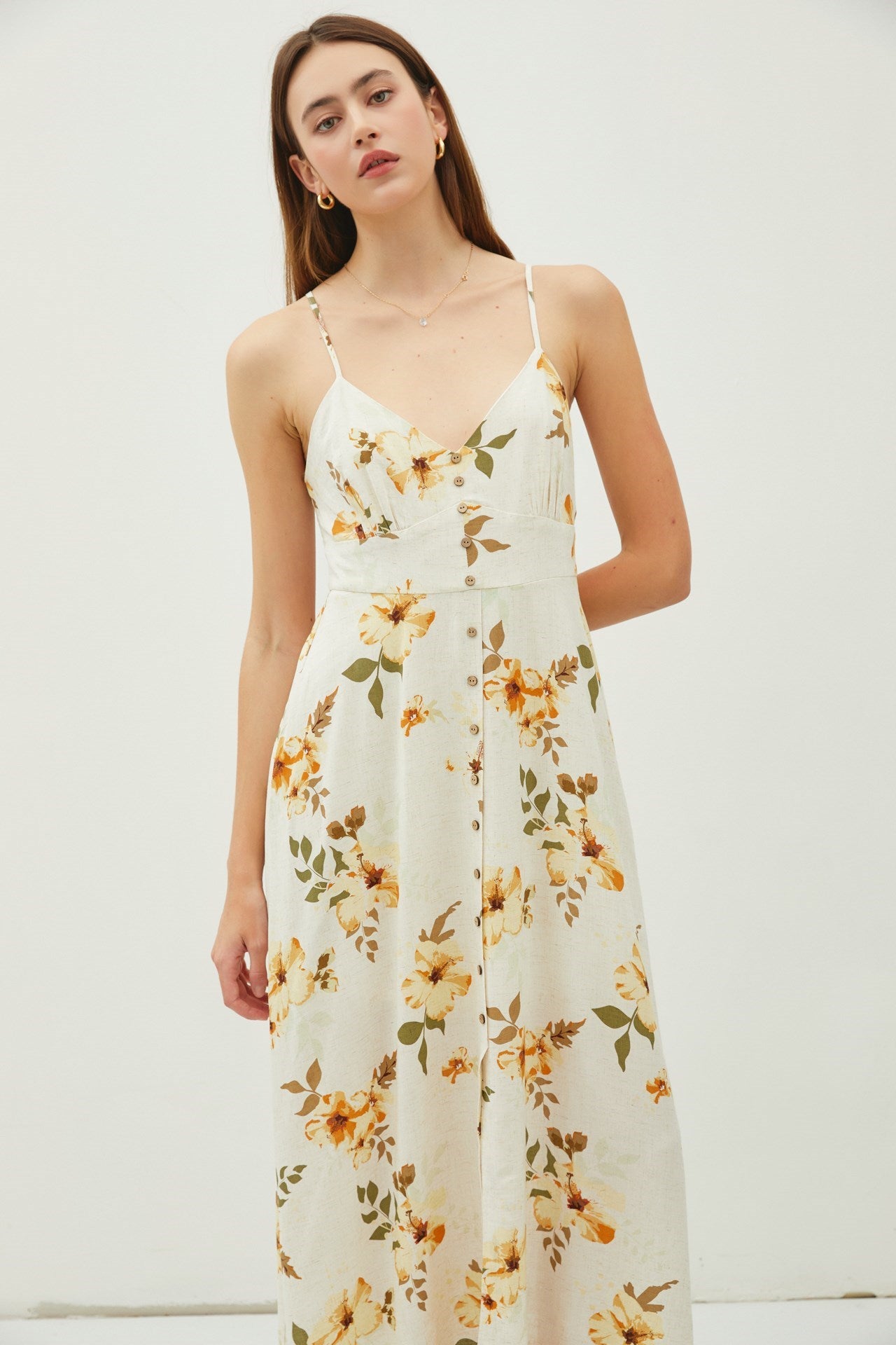 Linen Hibiscus Floral Maxi Dress