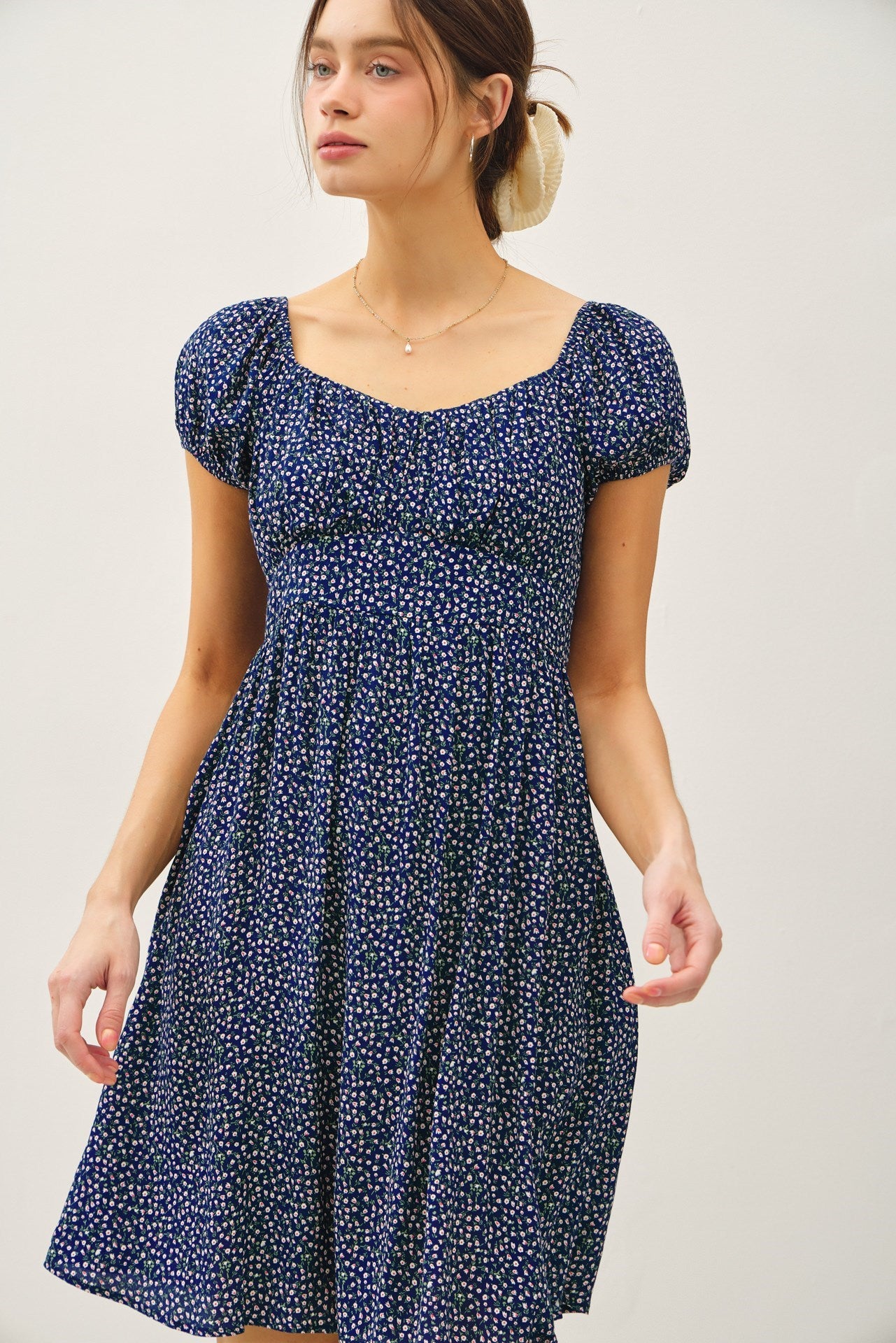 Navy Floral Rouched Bust Dress