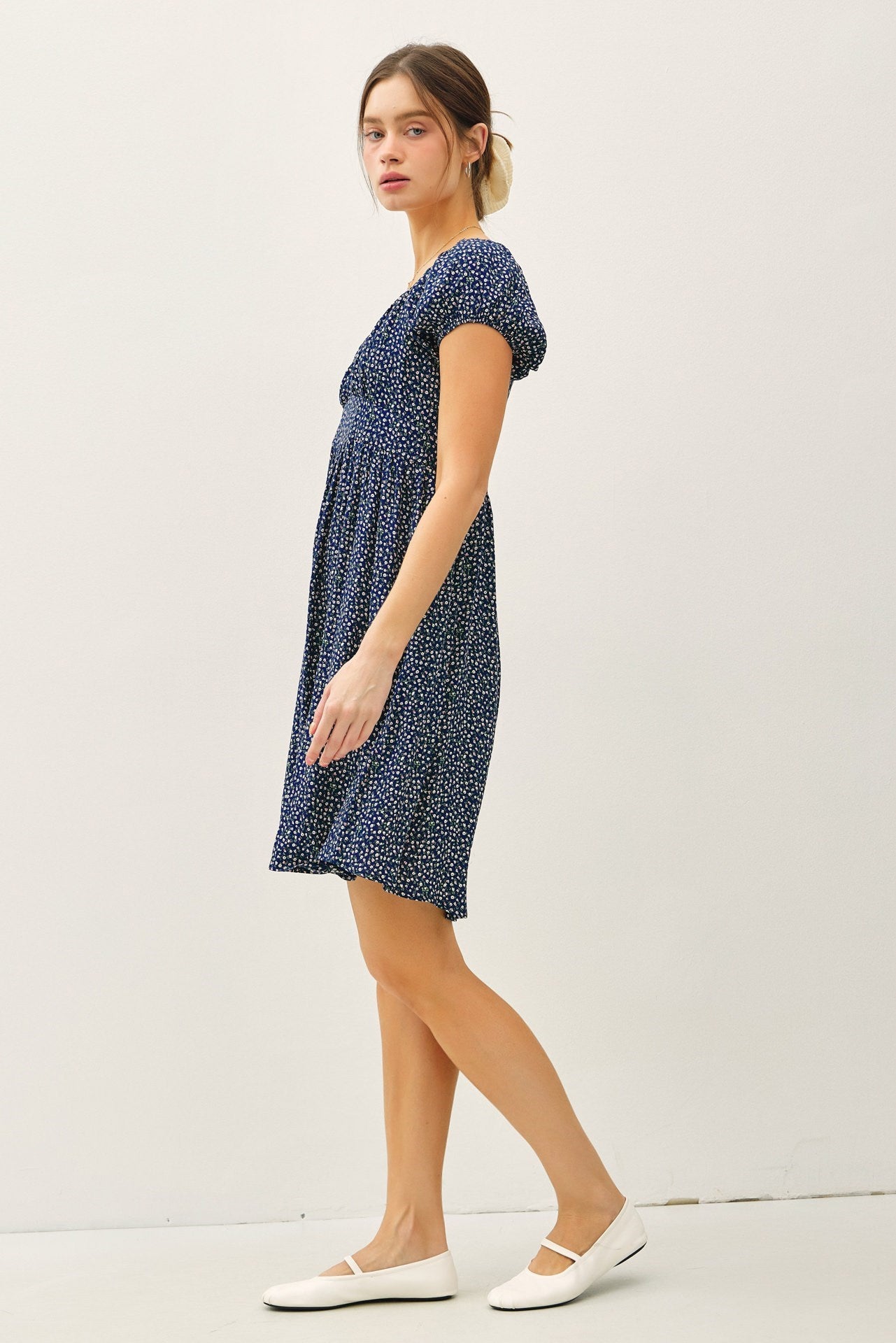 Navy Floral Rouched Bust Dress