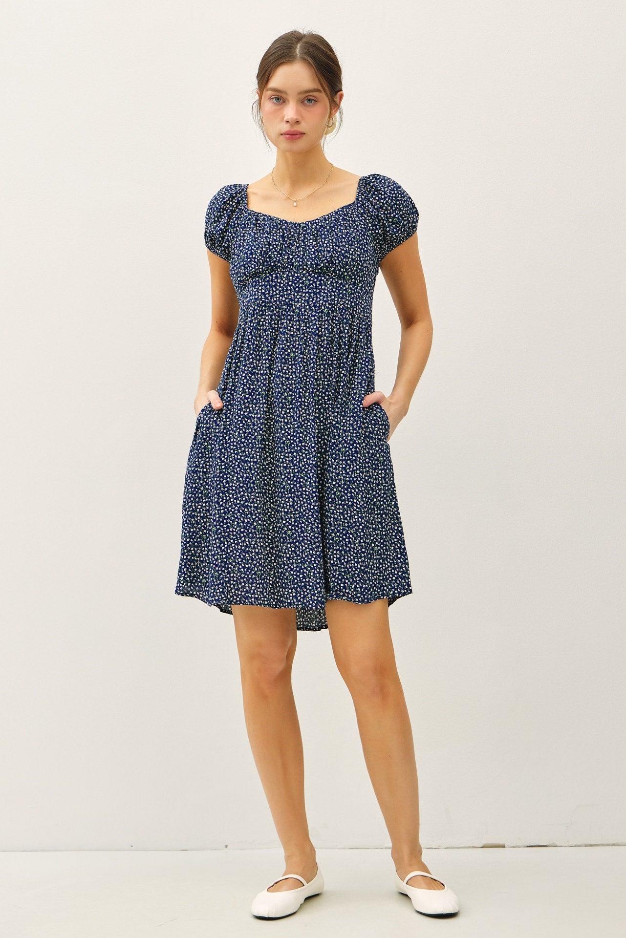 Navy Floral Rouched Bust Dress