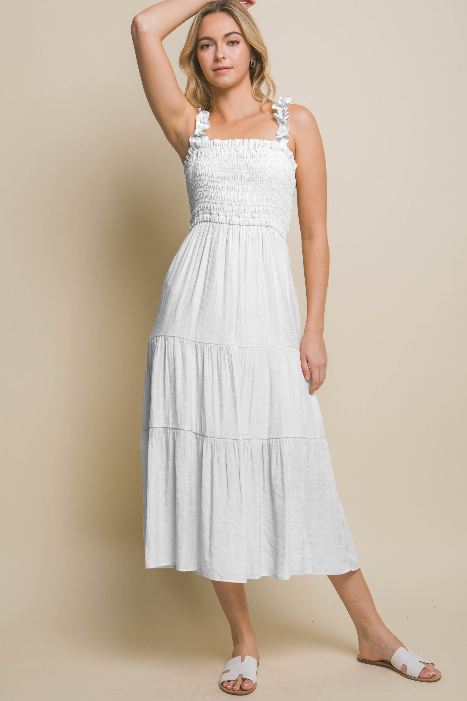 White Smocked Ruffle Strap Maxi Dress