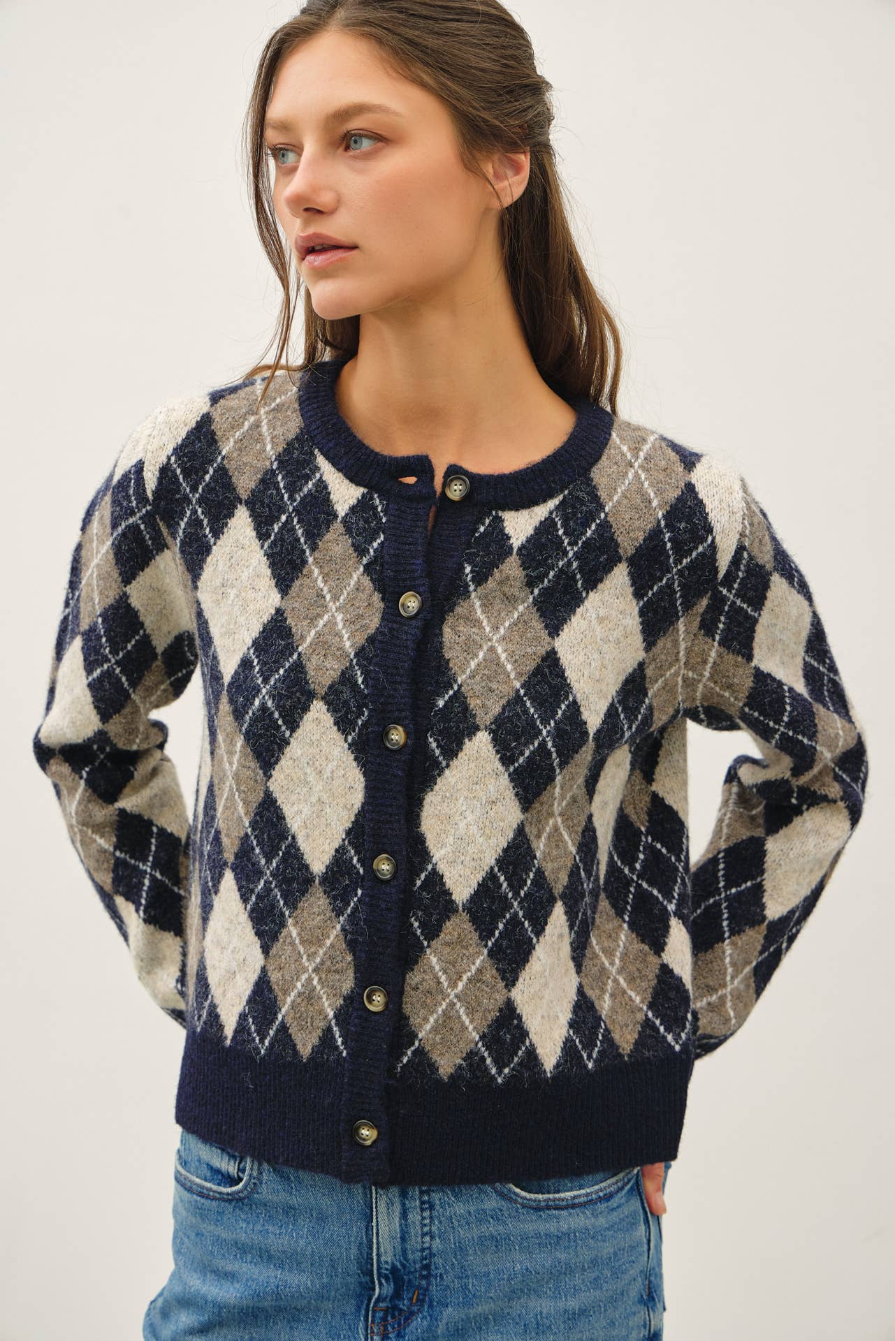 Argyle Wool Blend Button Cardigan