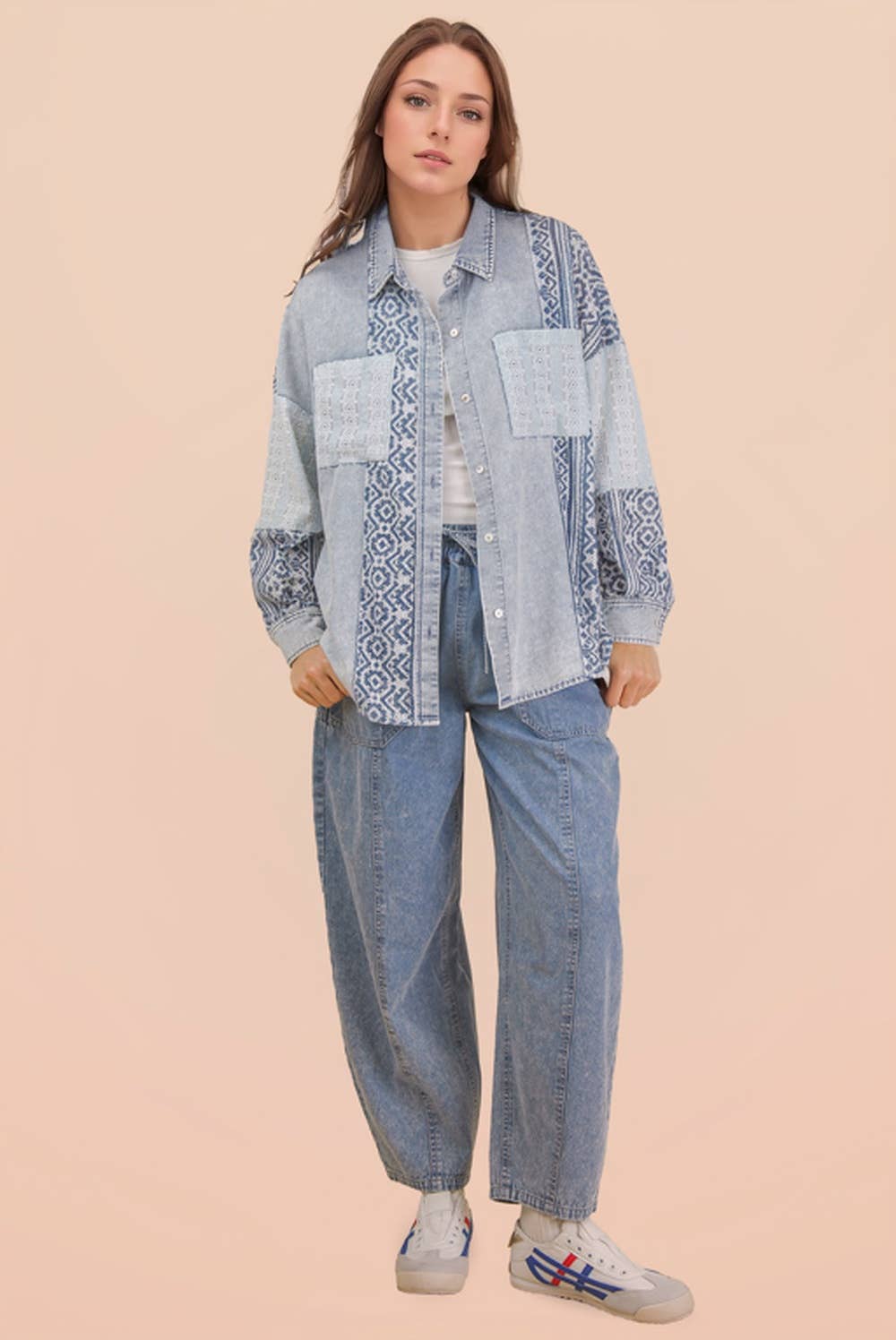 Washed Denim Patchwork Button Up