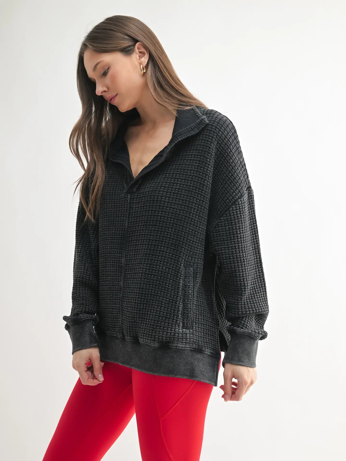 Black Stone Wash Waffle Pullover
