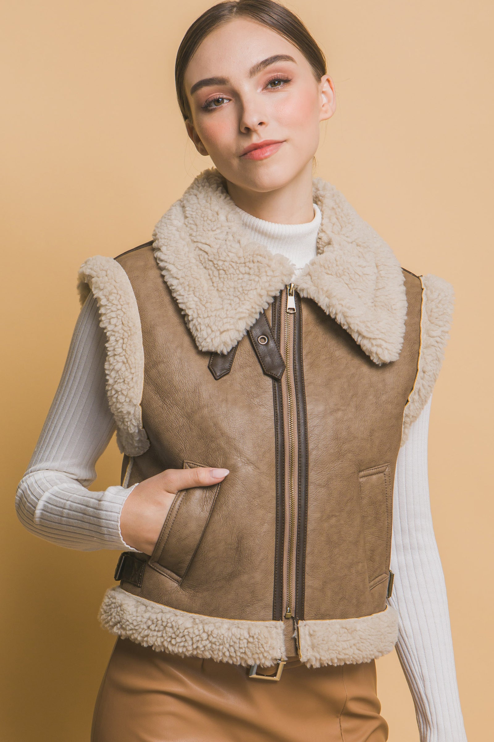 Brown Shearling Buckle Vest