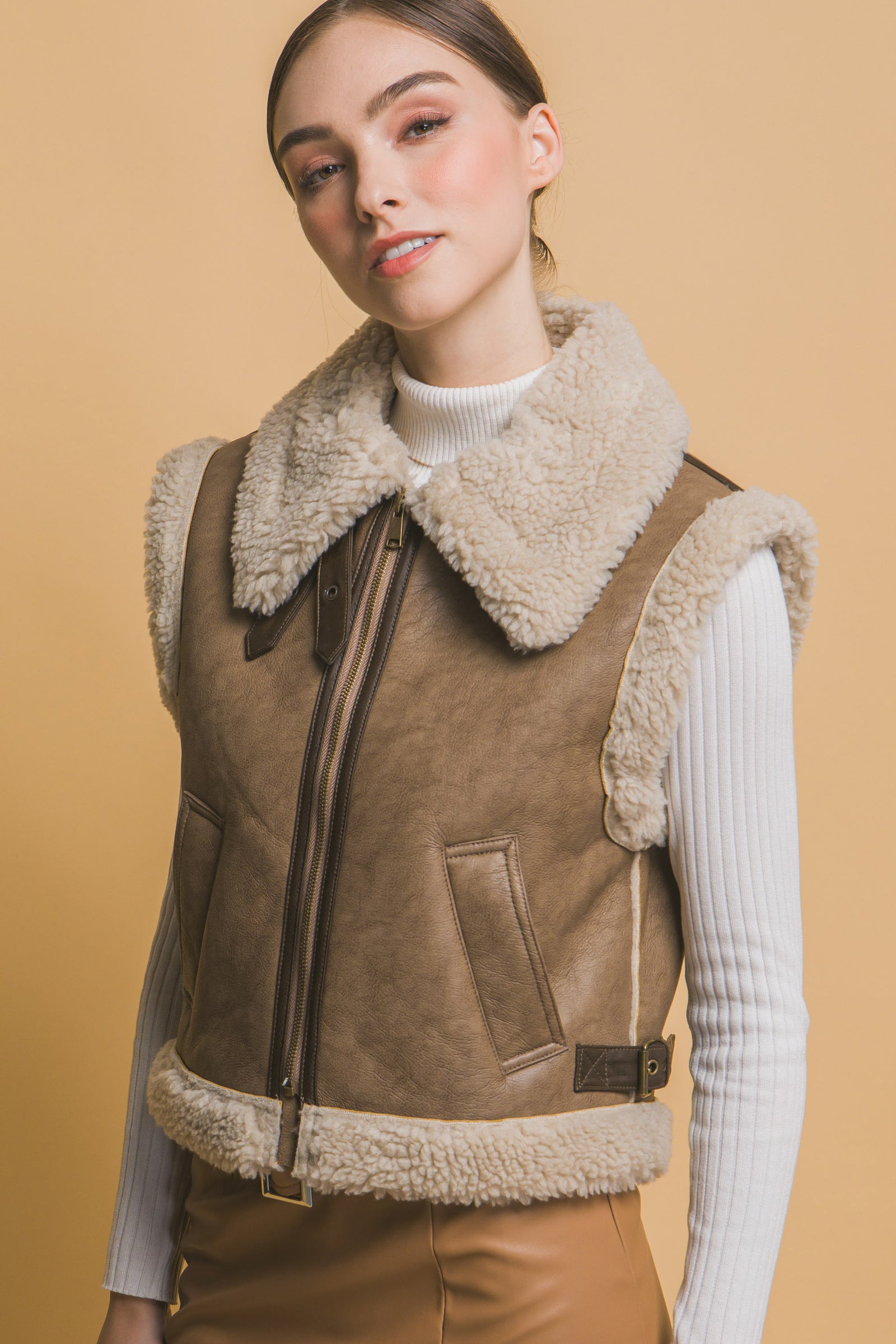 Brown Shearling Buckle Vest