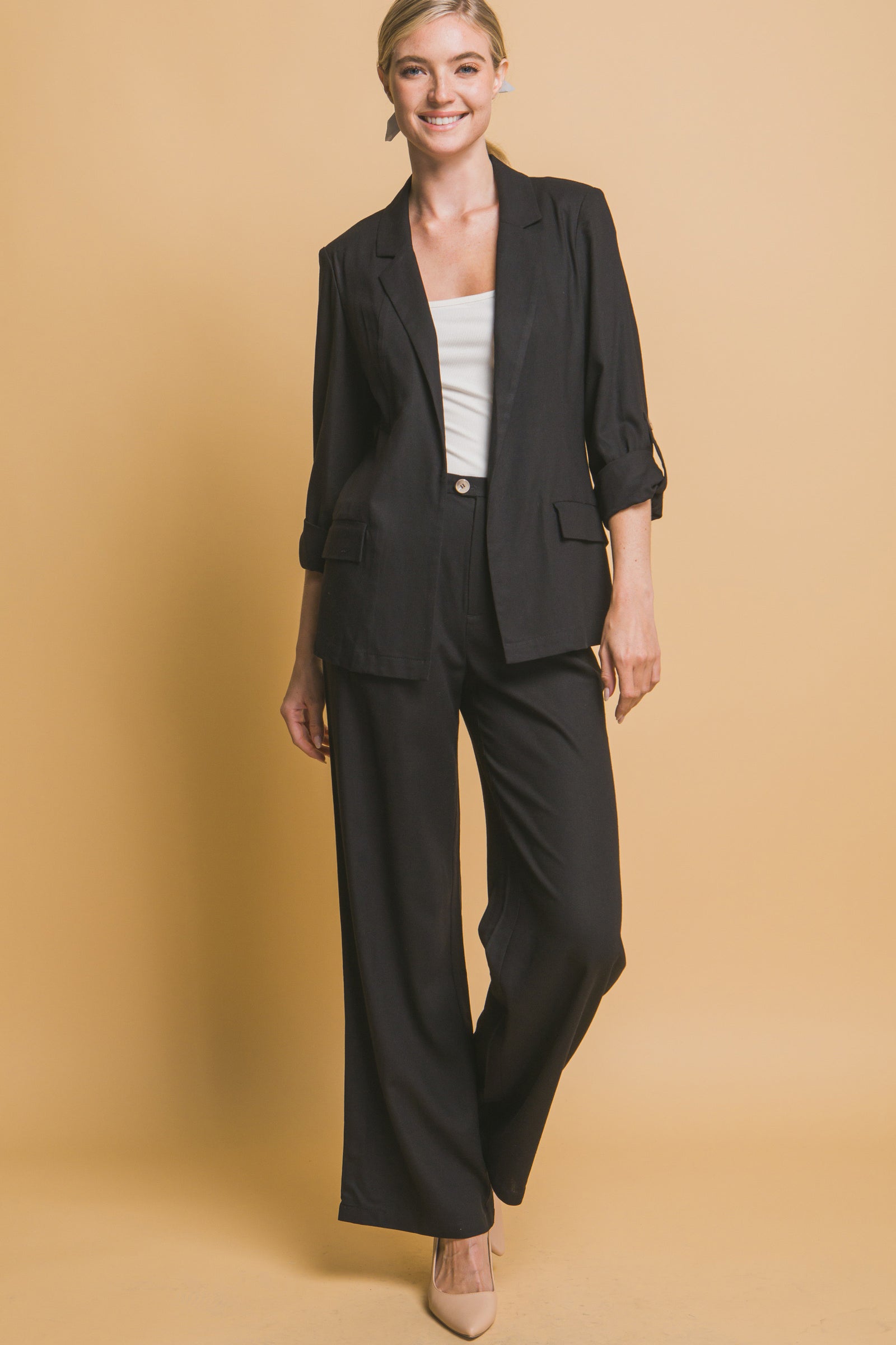 Black Linen Pick-Up Sleeve Blazer