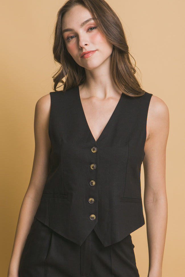 Black Linen Button Up Vest