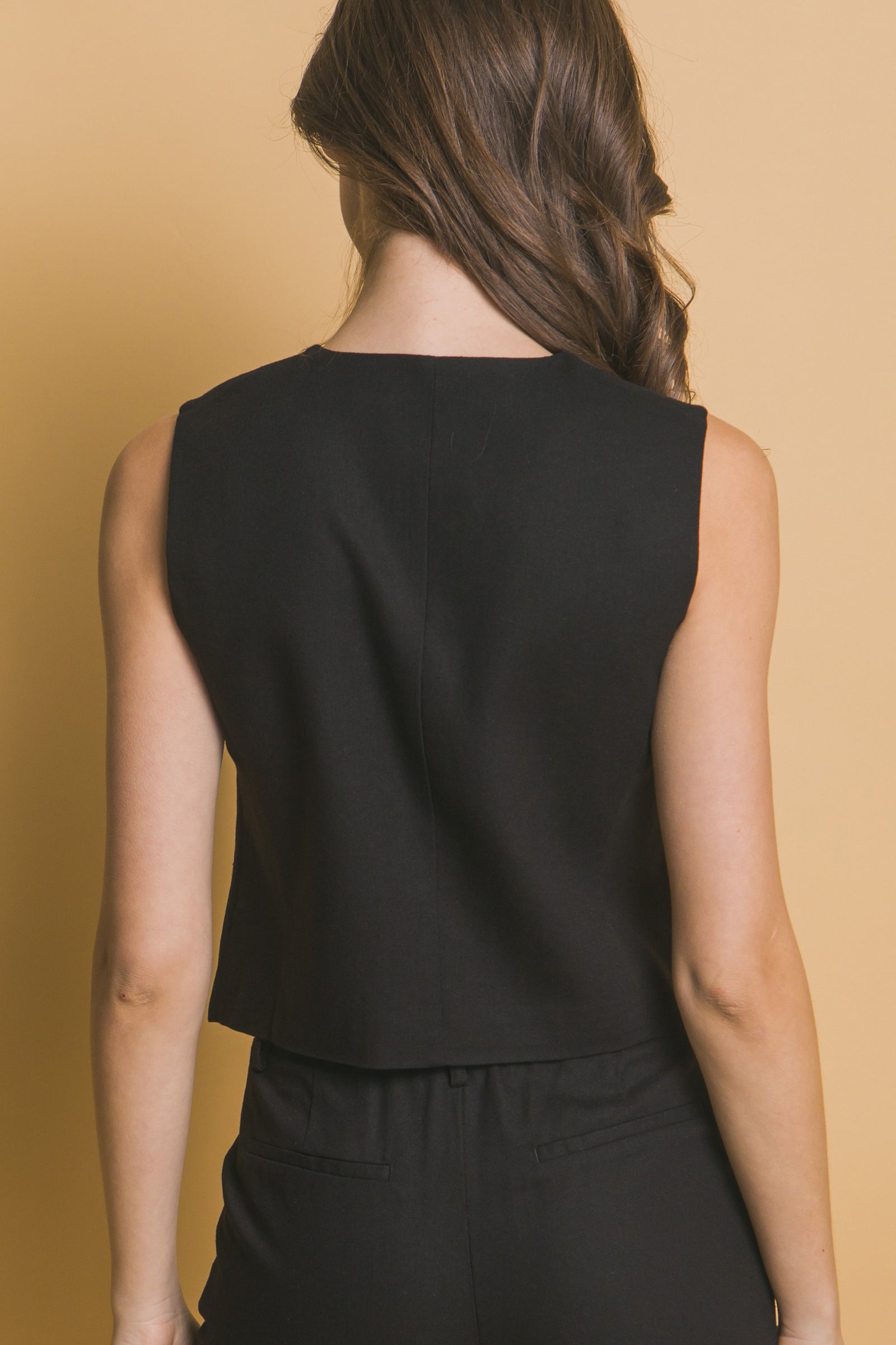 Black Linen Button Up Vest