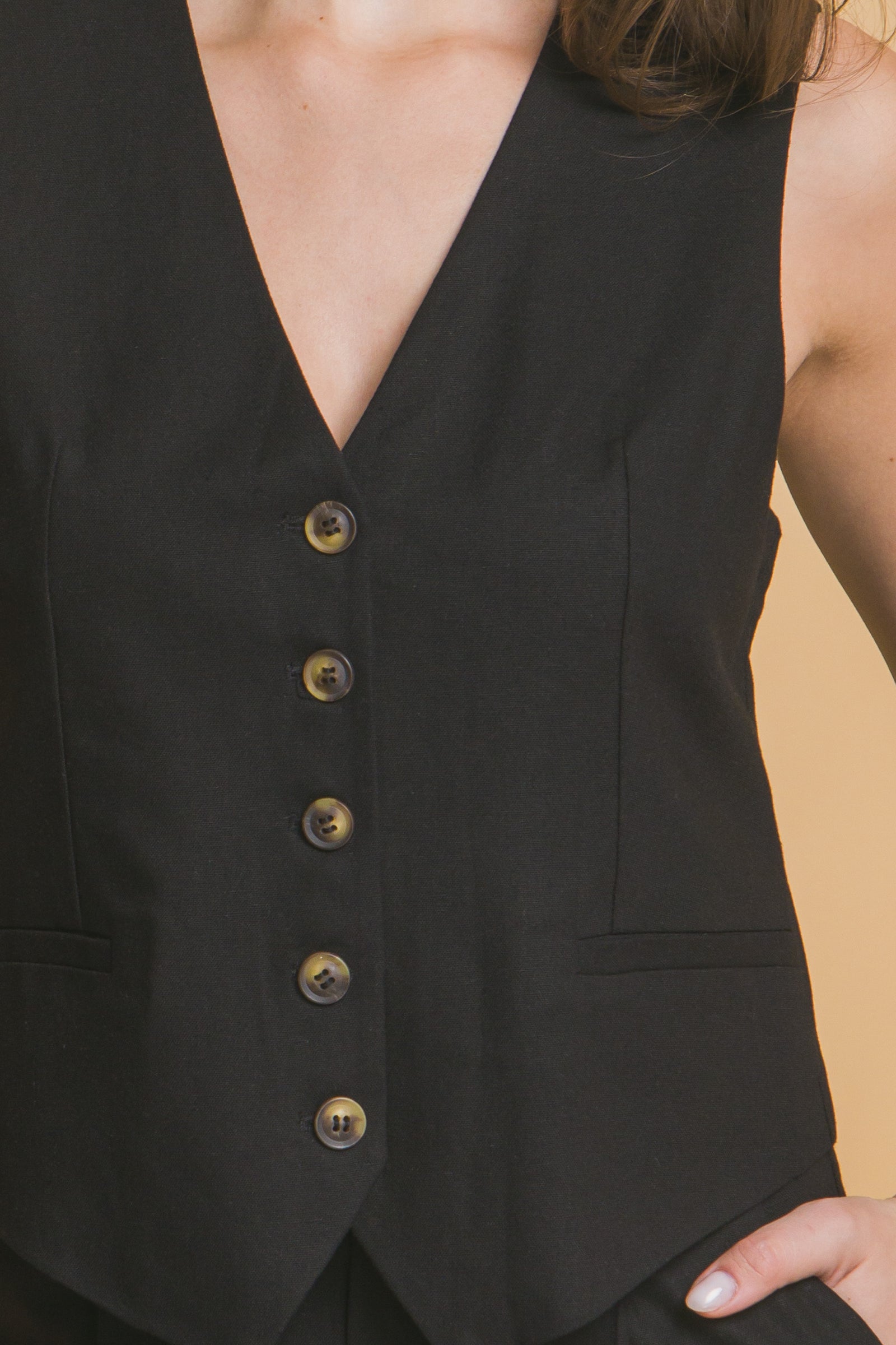 Black Linen Button Up Vest