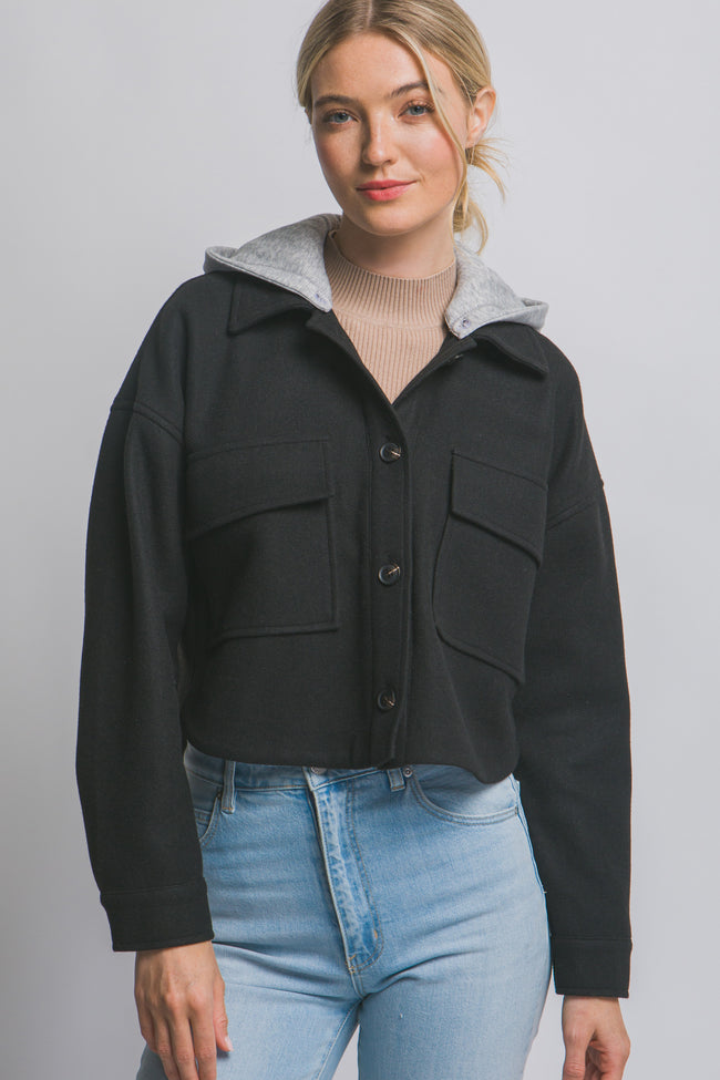 Black Crop Removable Hood Jacket