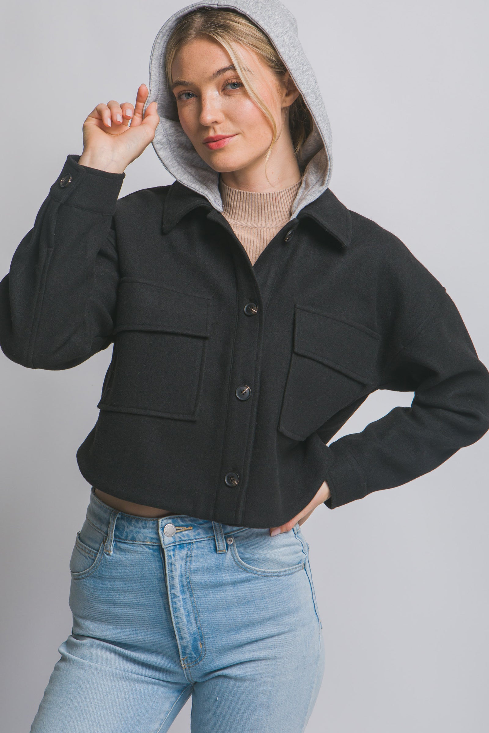 Black Crop Removable Hood Jacket