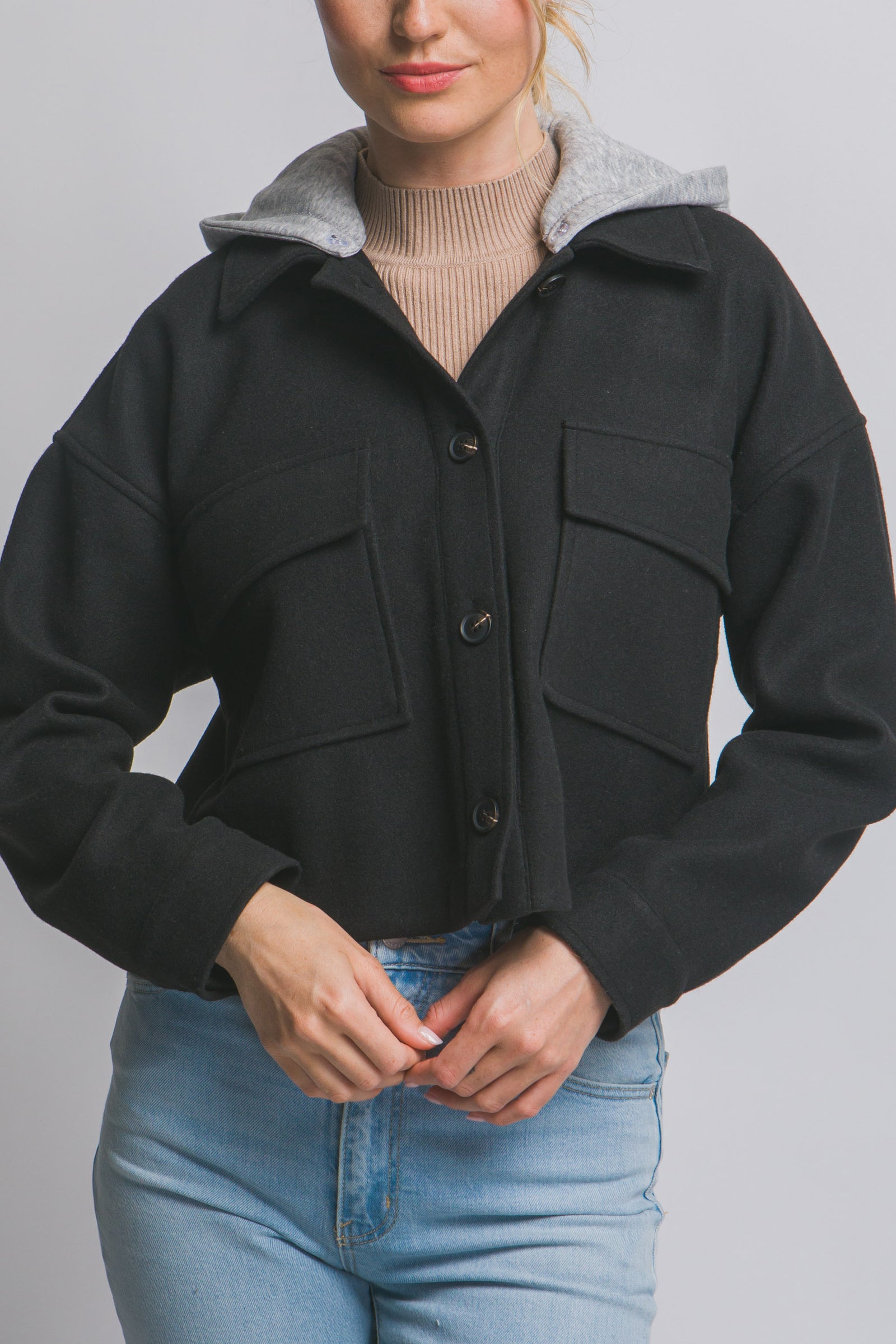 Black Crop Removable Hood Jacket