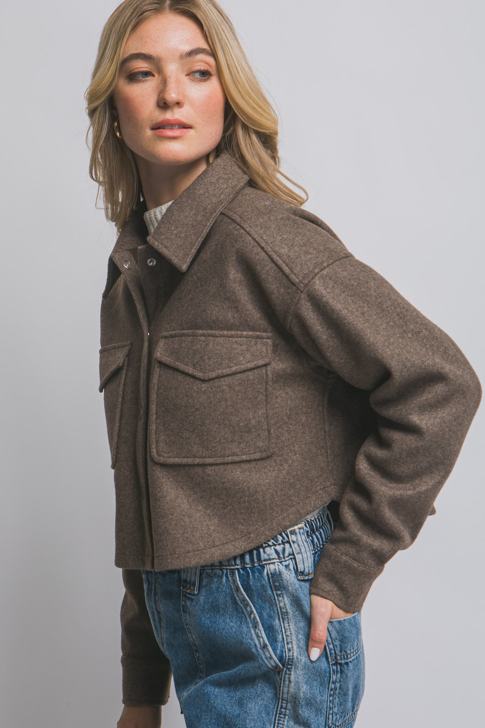 Chocolate Breast Pocket Crop Shacket
