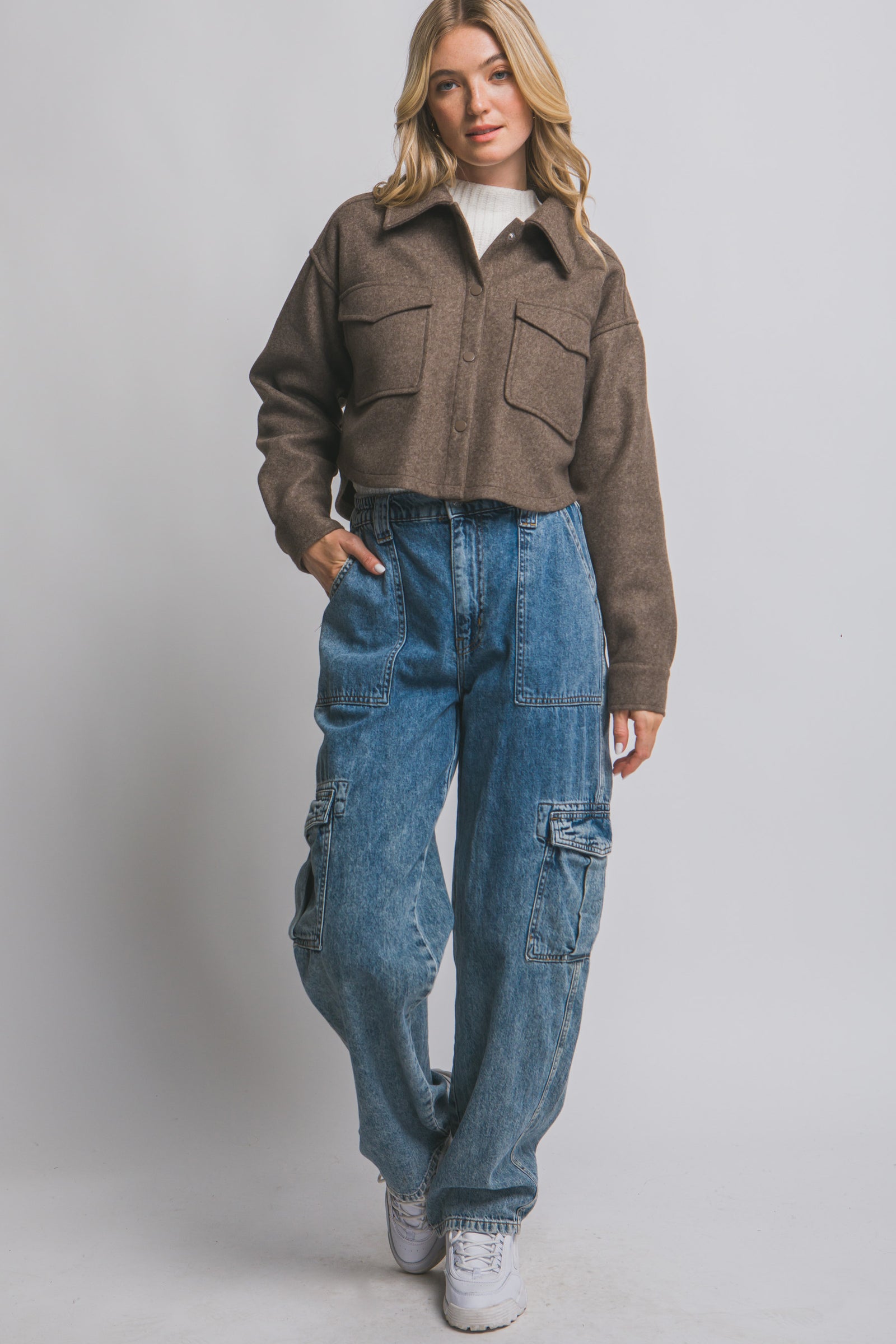 Chocolate Breast Pocket Crop Shacket