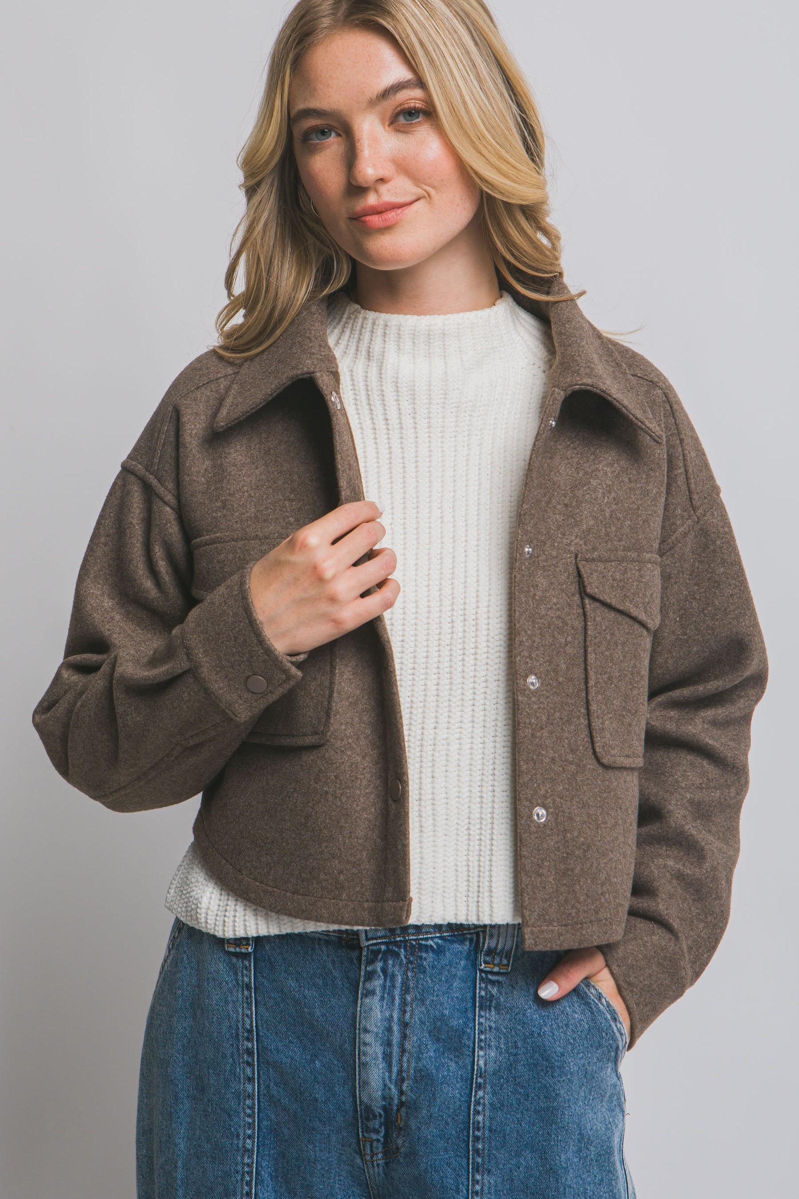 Chocolate Breast Pocket Crop Shacket
