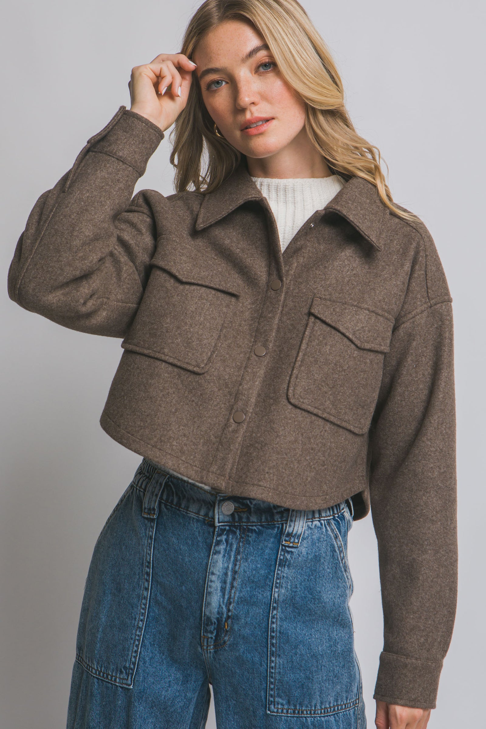 Chocolate Breast Pocket Crop Shacket