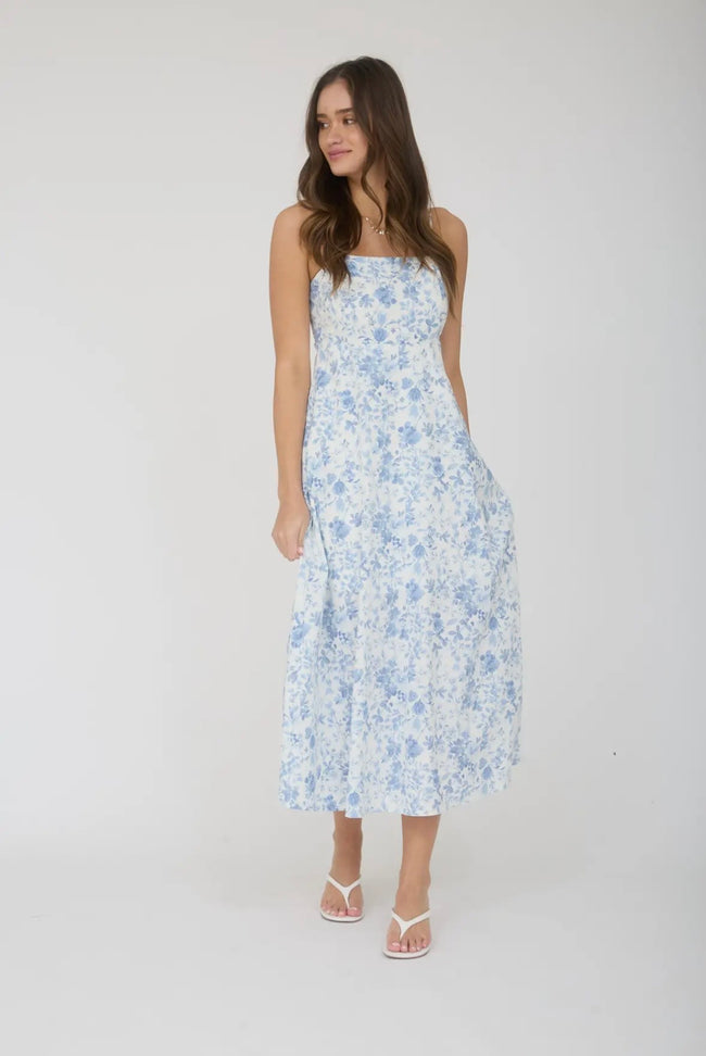 Blue Watercolor Floral Mid Dress