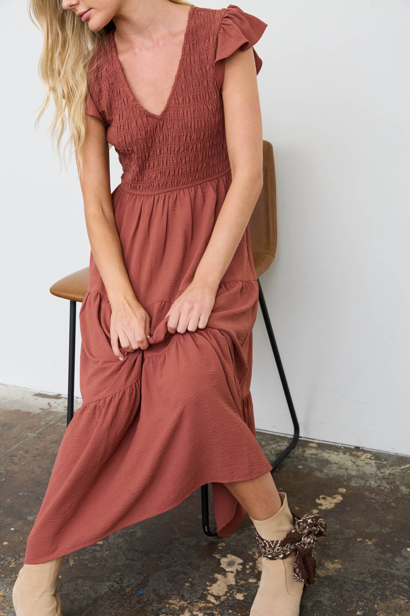 Flutter Sleeve Smocked Midi Dress
