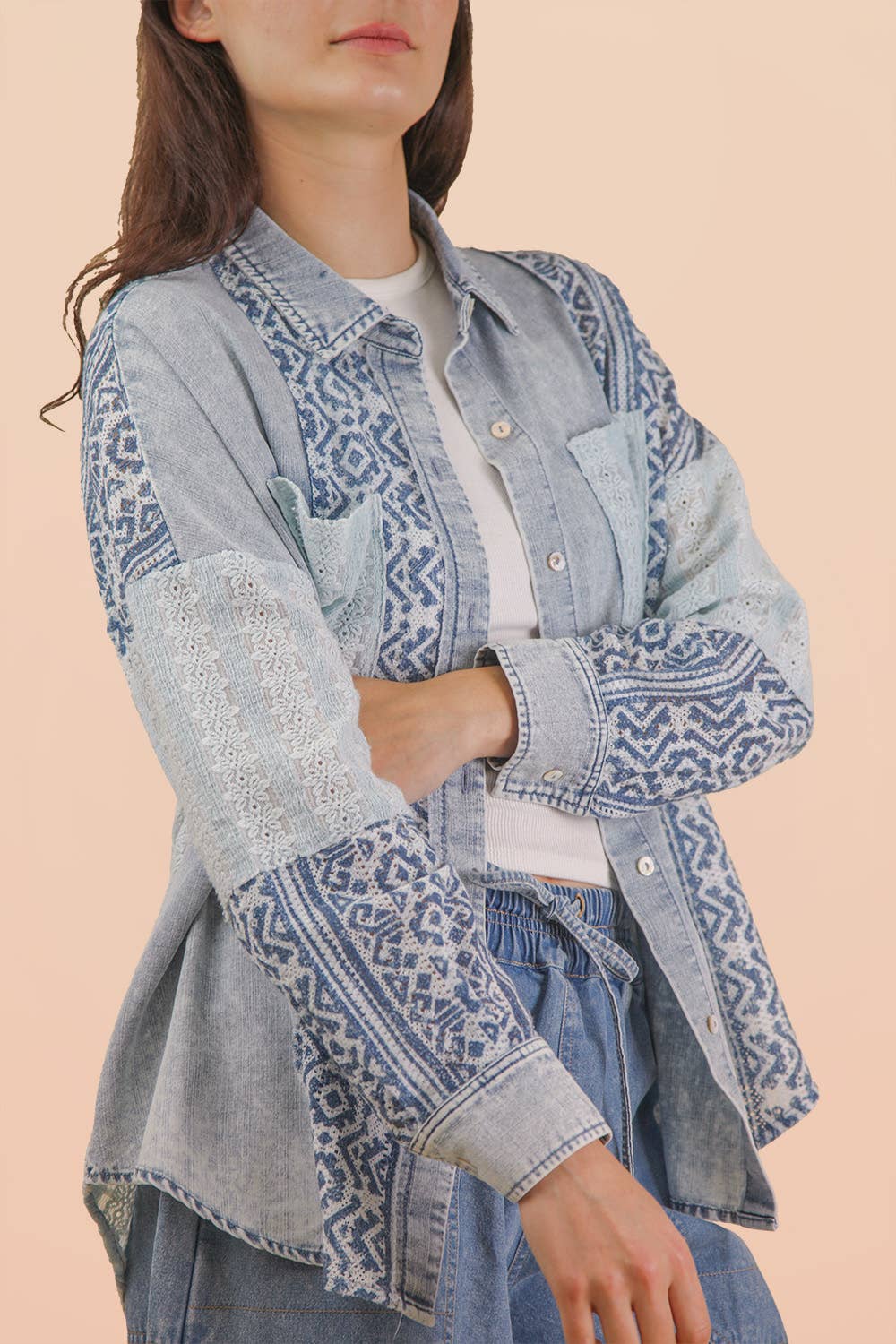 Washed Denim Patchwork Button Up