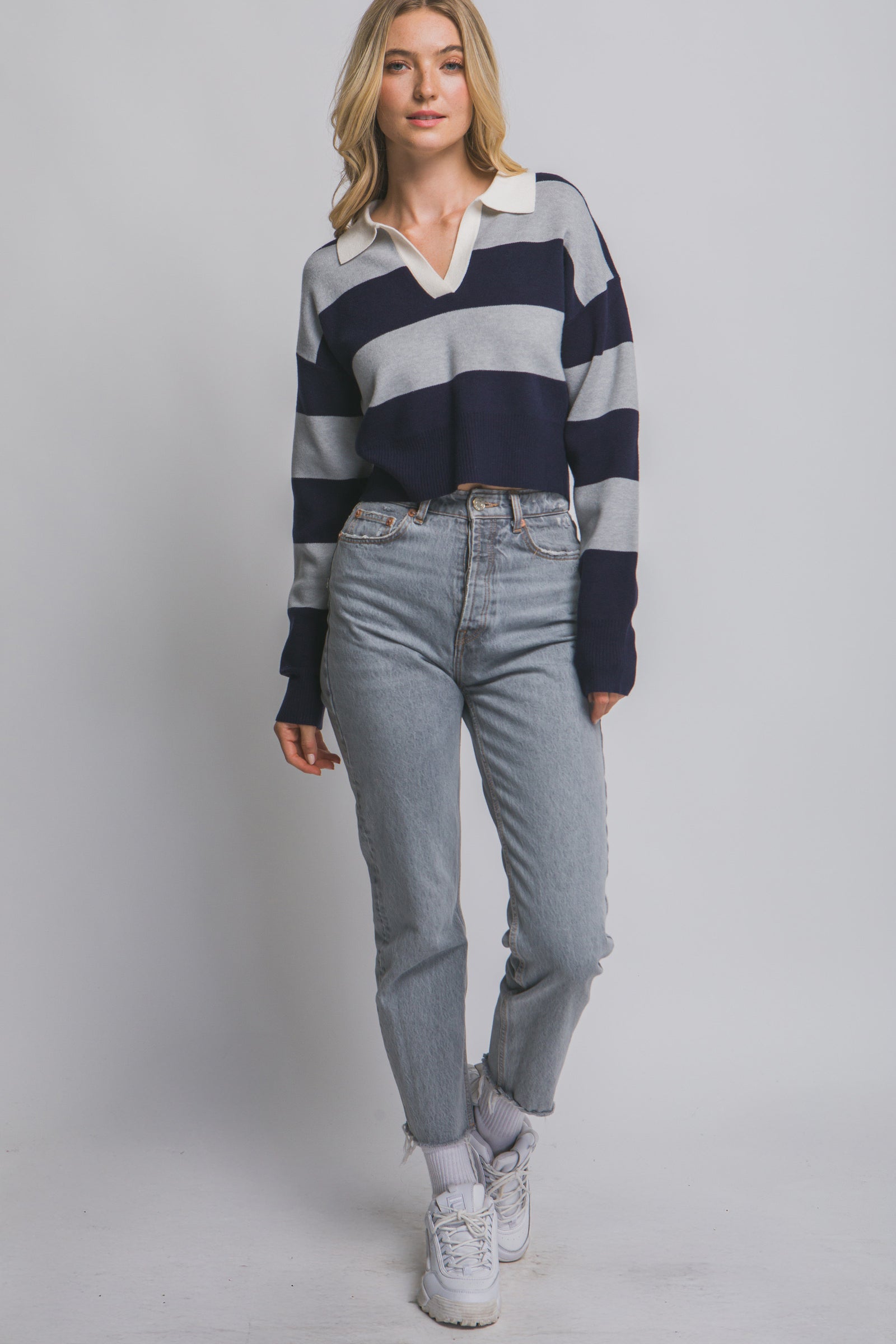 Collared Stripe Crop Rugby Sweater