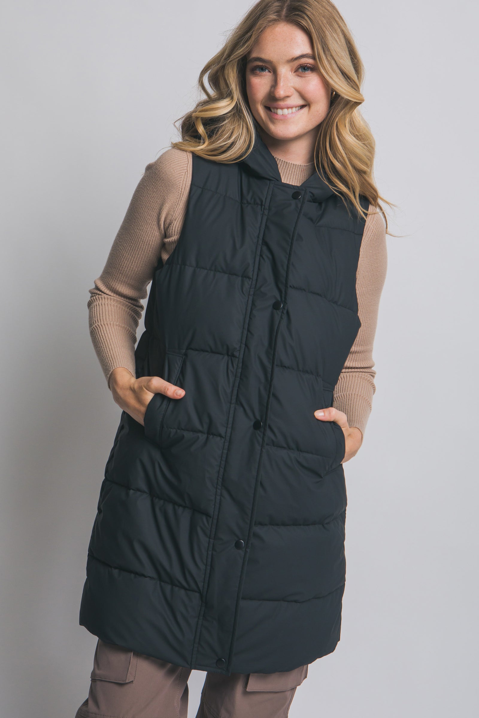 Long Quilted Hooded Vest (Lyn)