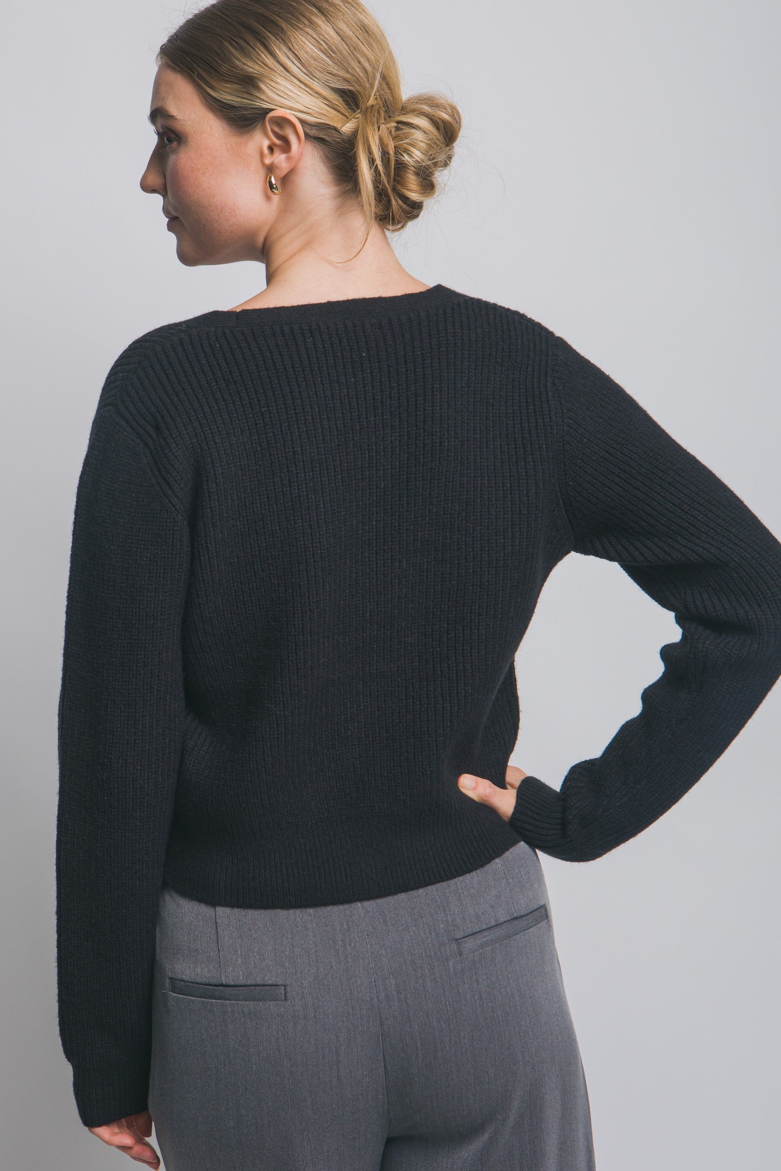 Black Rhinestone Bow Button Cardigan