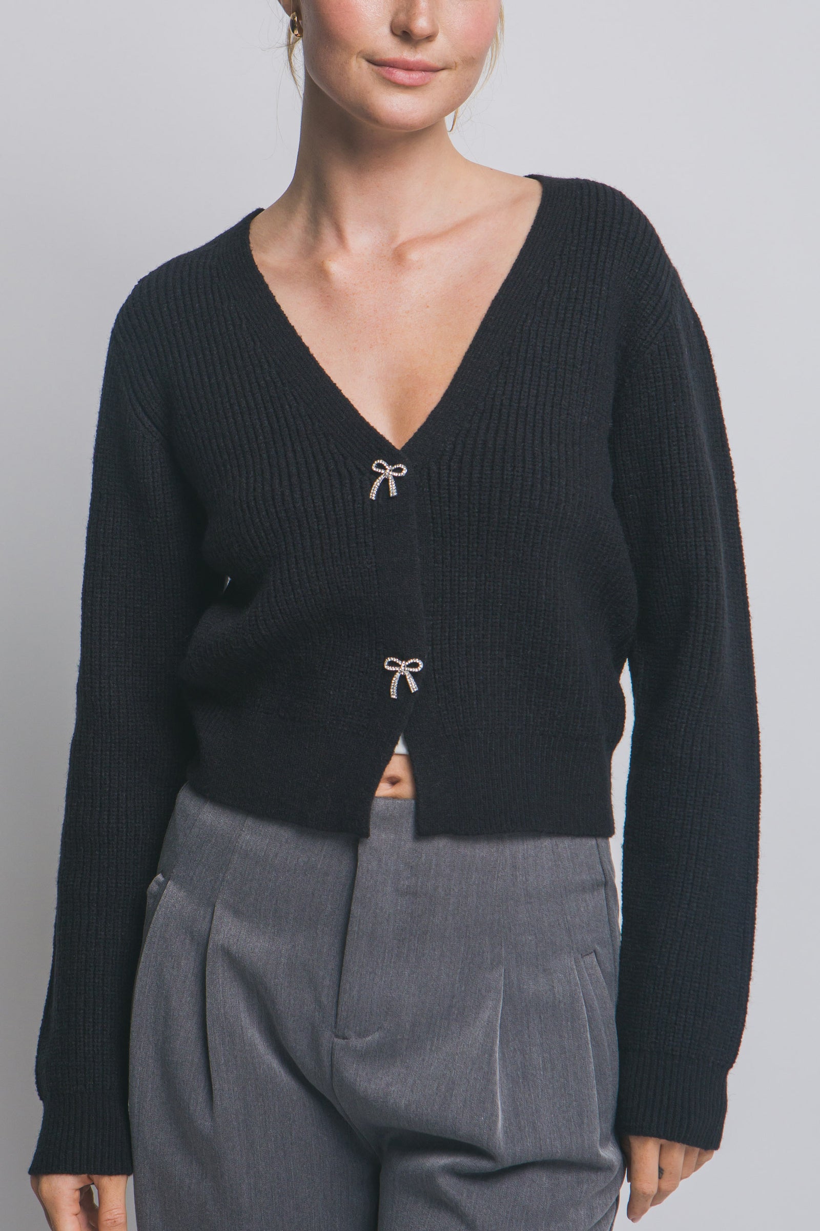 Black Rhinestone Bow Button Cardigan