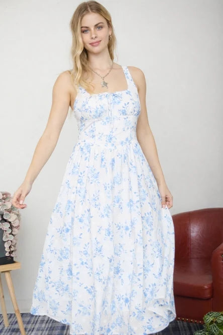 Blue Floral Corset Midi Dress