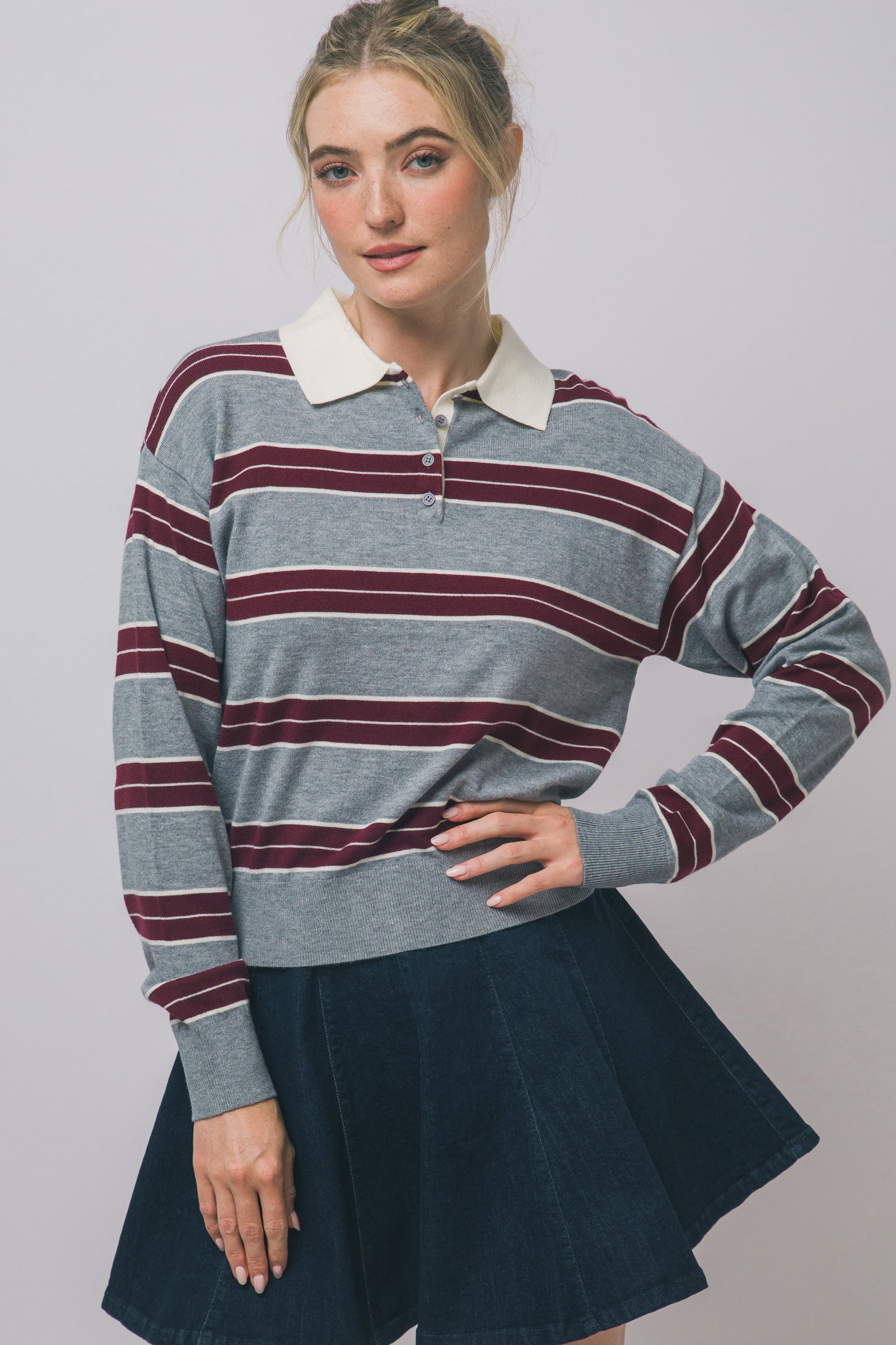 Grey Rugby Stripe Polo Top
